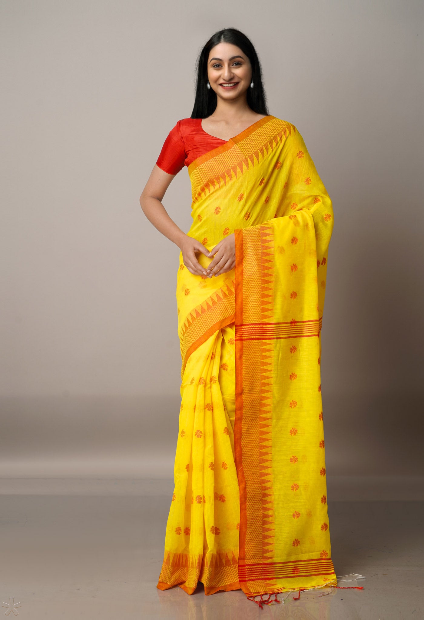 Yellow Handloom Jamdhani Bengal Sico Saree-UNM68227