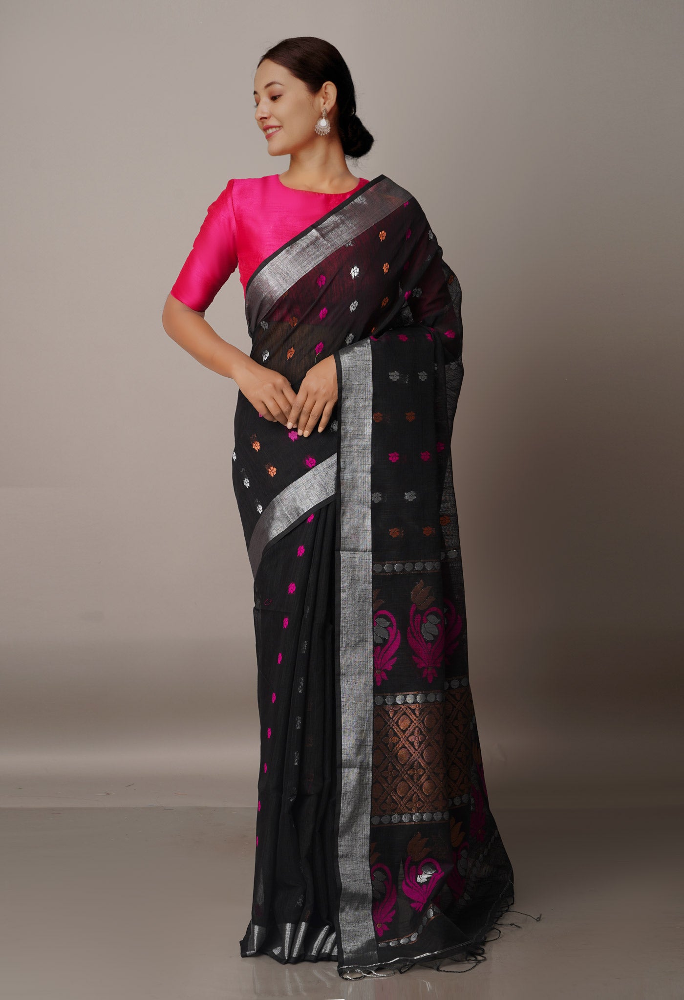 Black Handloom Jamdhani Bengal Sico Saree-UNM68236