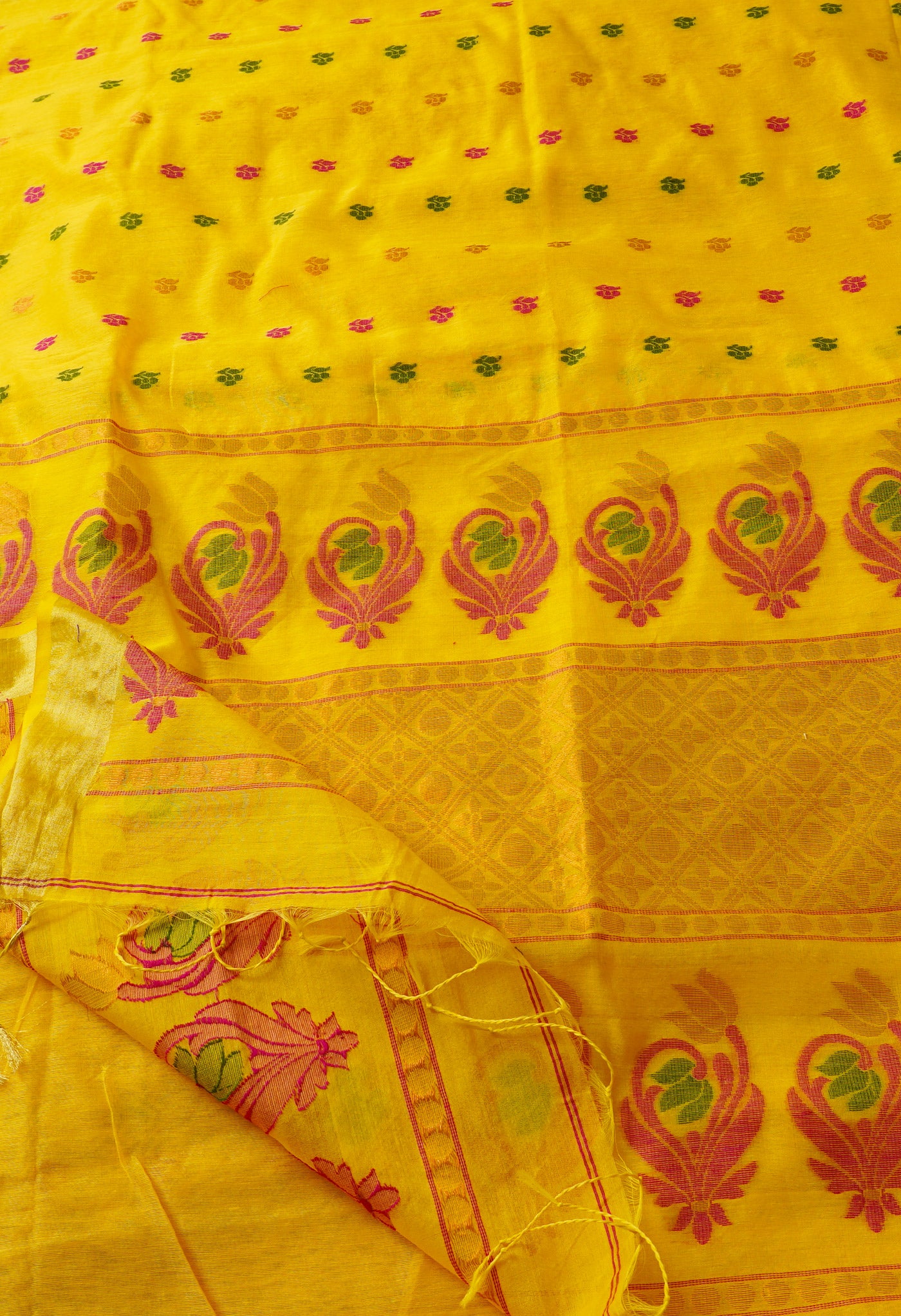 Yellow Handloom Jamdhani Bengal Sico Saree-UNM68238