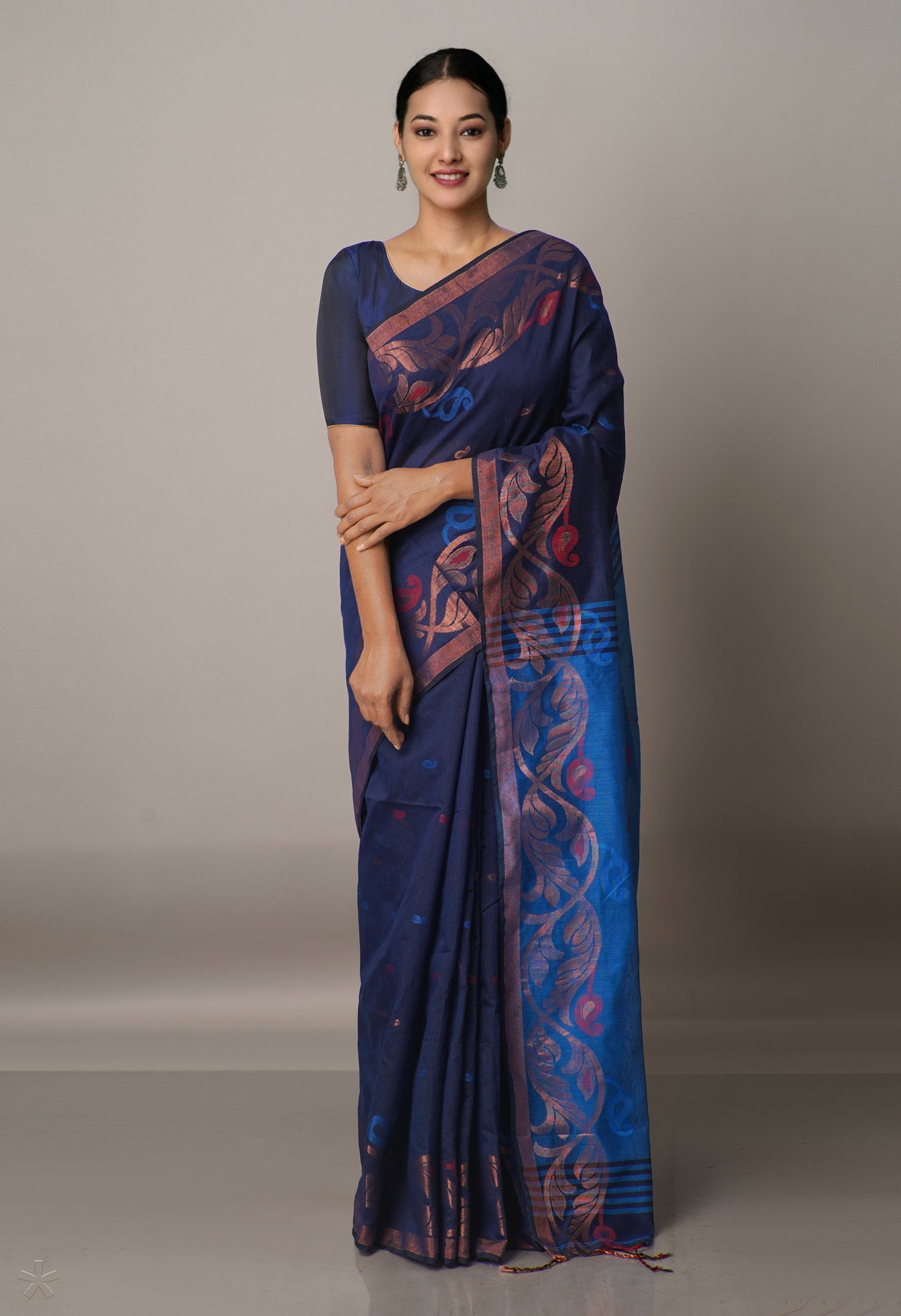 Navy Blue Handloom Jamdhani Bengal Sico Saree-UNM68245