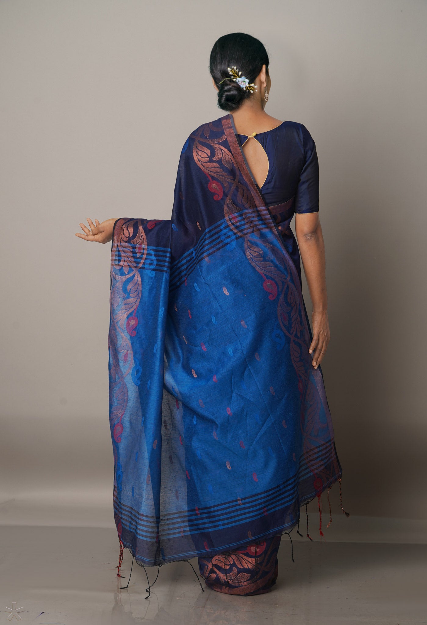 Navy Blue Handloom Jamdhani Bengal Sico Saree-UNM68245