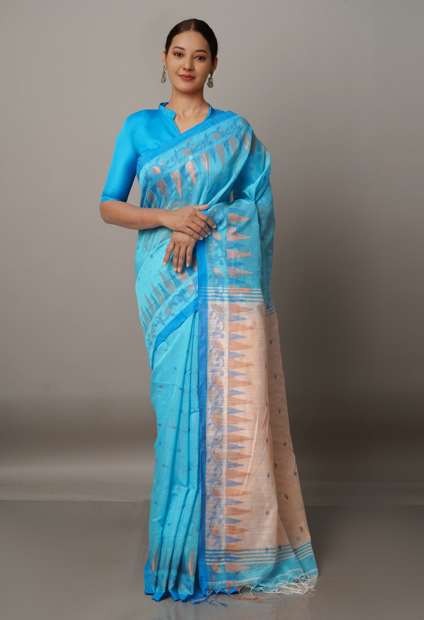 Blue Handloom Jamdhani Bengal Sico Saree-UNM68253