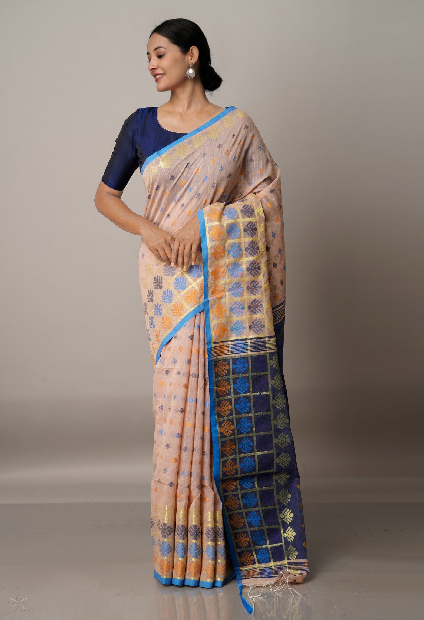 Warming Peach Handloom Jamdhani Bengal Sico Saree-UNM68258