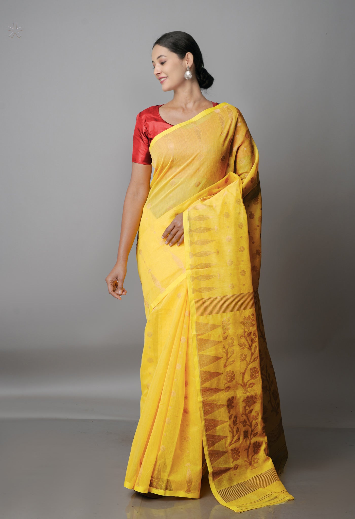 Yellow Handloom Jamdhani Bengal Sico Saree-UNM68277