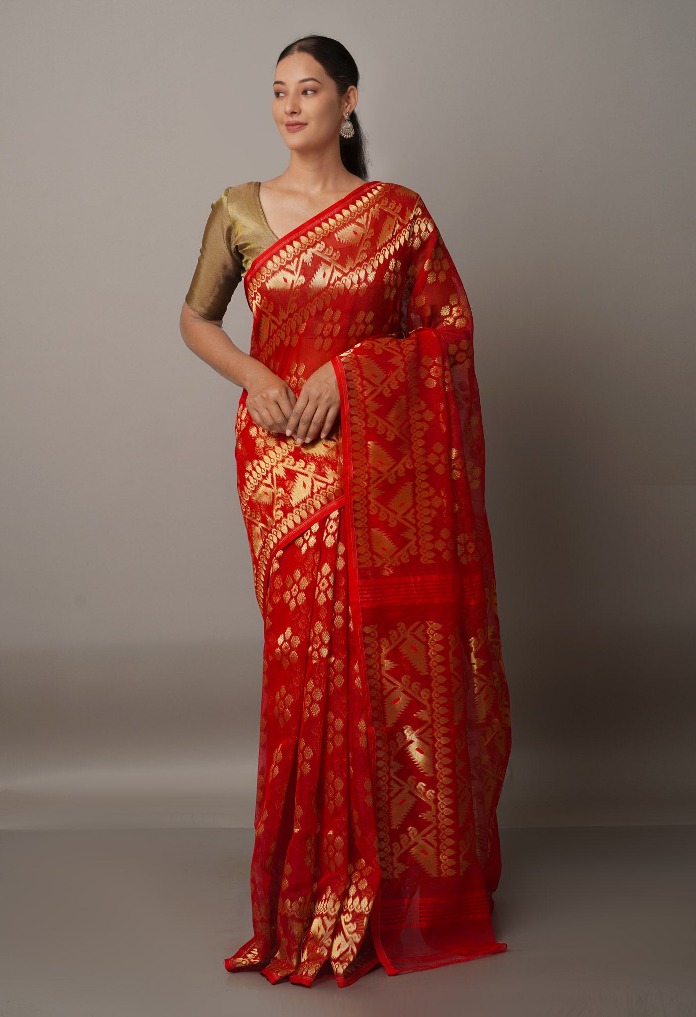 Red Handloom Jamdhani Bengal Sico Saree-UNM68289