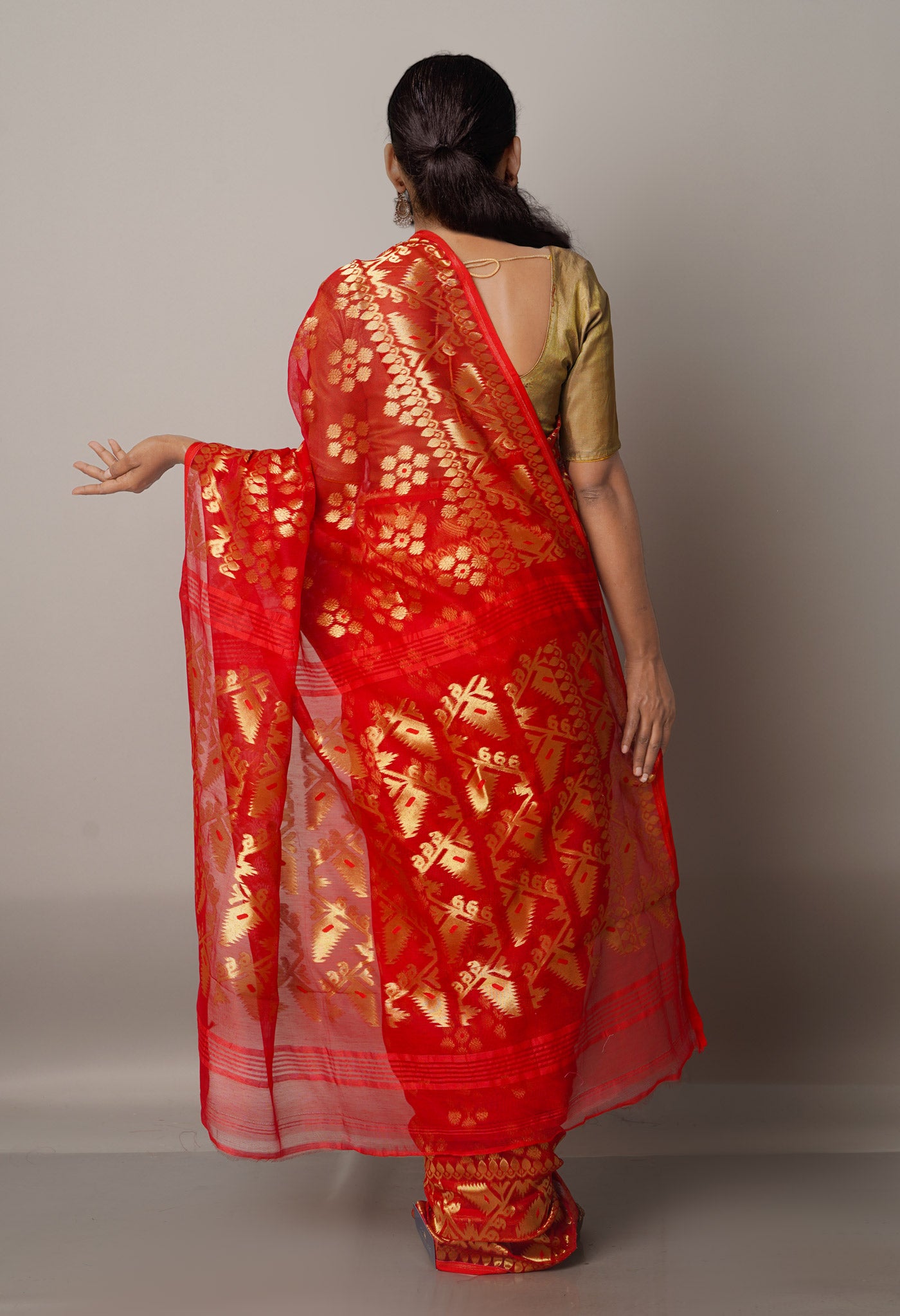 Red Handloom Jamdhani Bengal Sico Saree-UNM68289