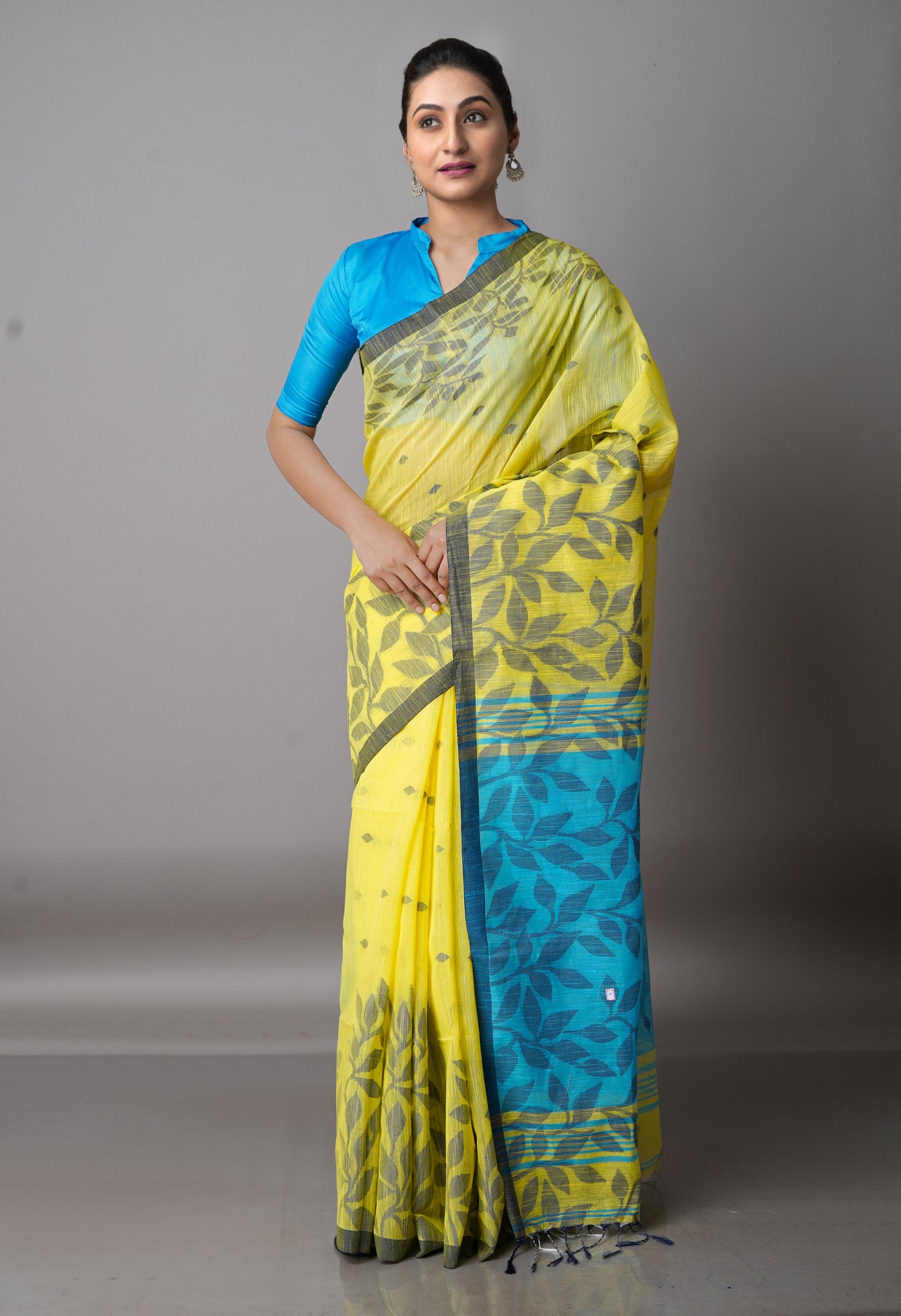 Lemon Yellow Handloom Jamdhani Bengal Sico Saree-UNM68302