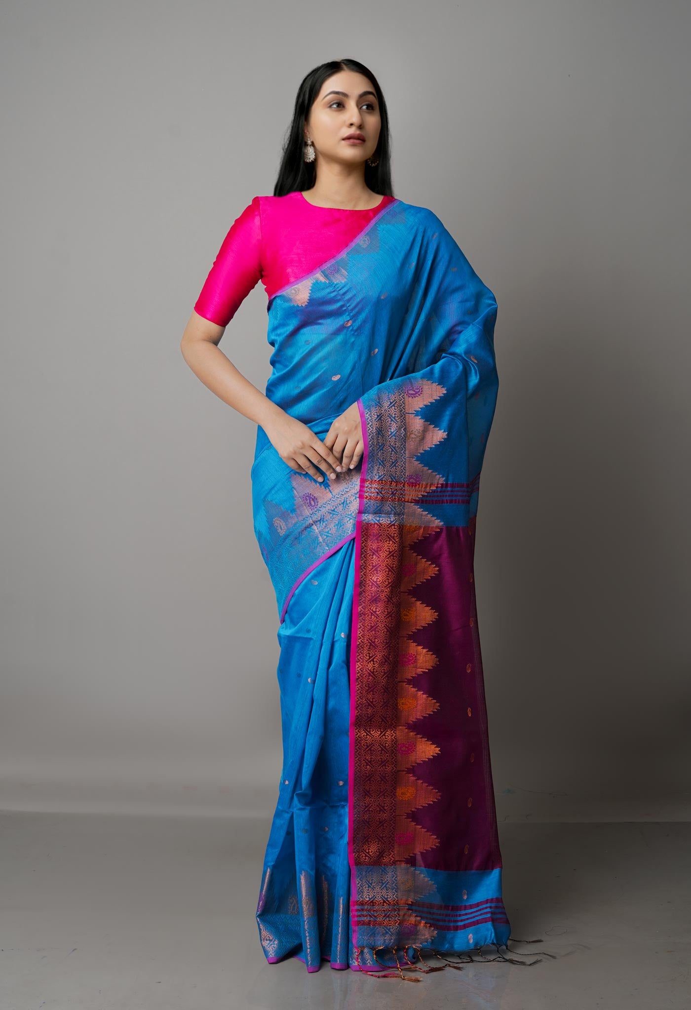 Blue Handloom Jamdhani Bengal Sico Saree-UNM68314