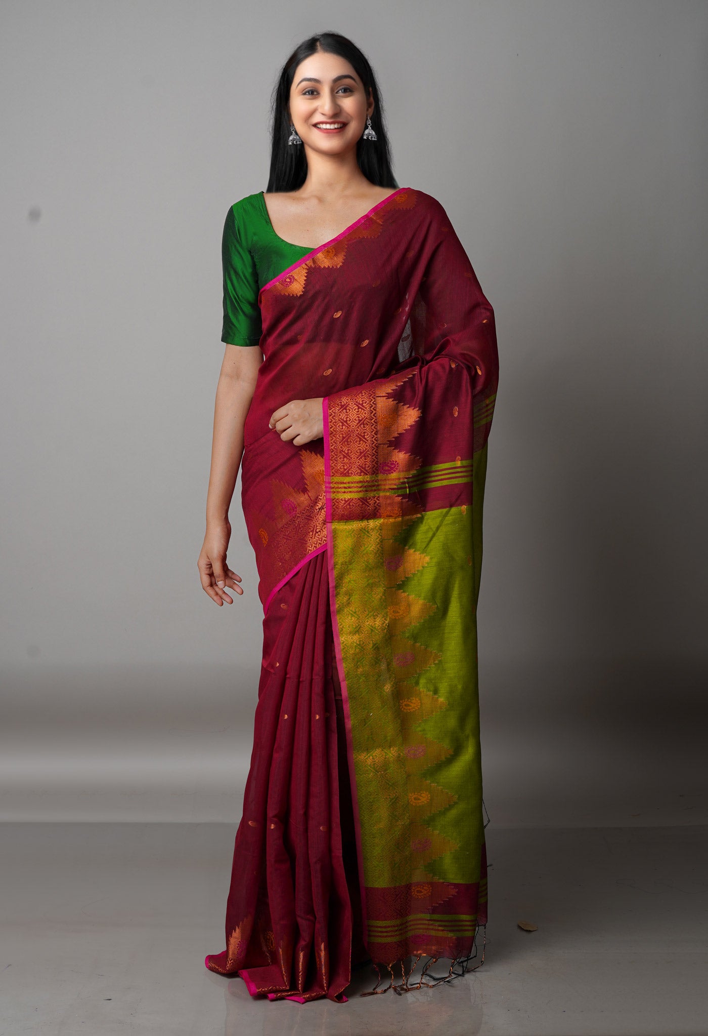 Maroon Handloom Jamdhani Bengal Sico Saree-UNM68317