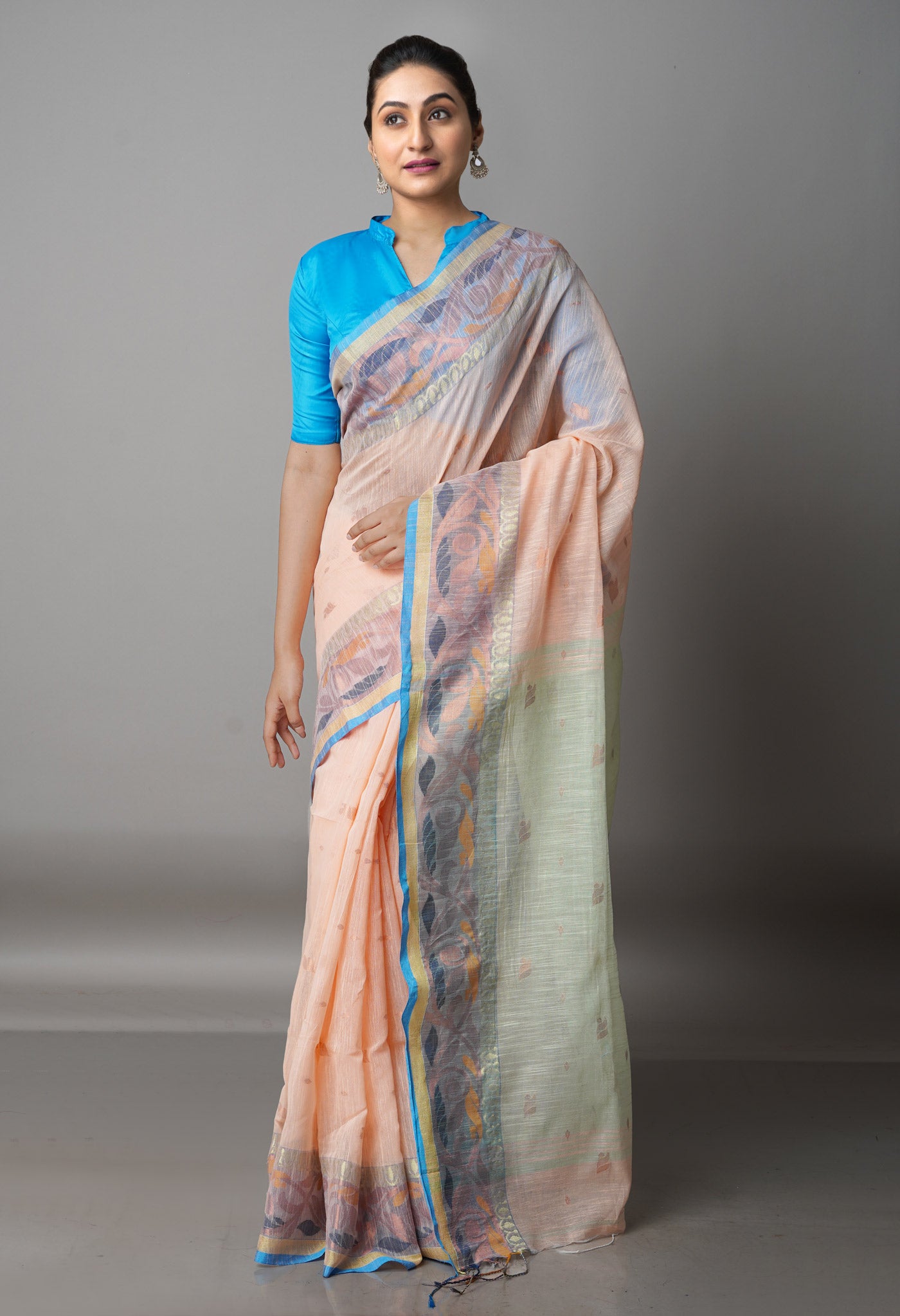 Pale Peach Orange-Light Green Handloom Jamdhani Bengal Sico Saree-UNM68321