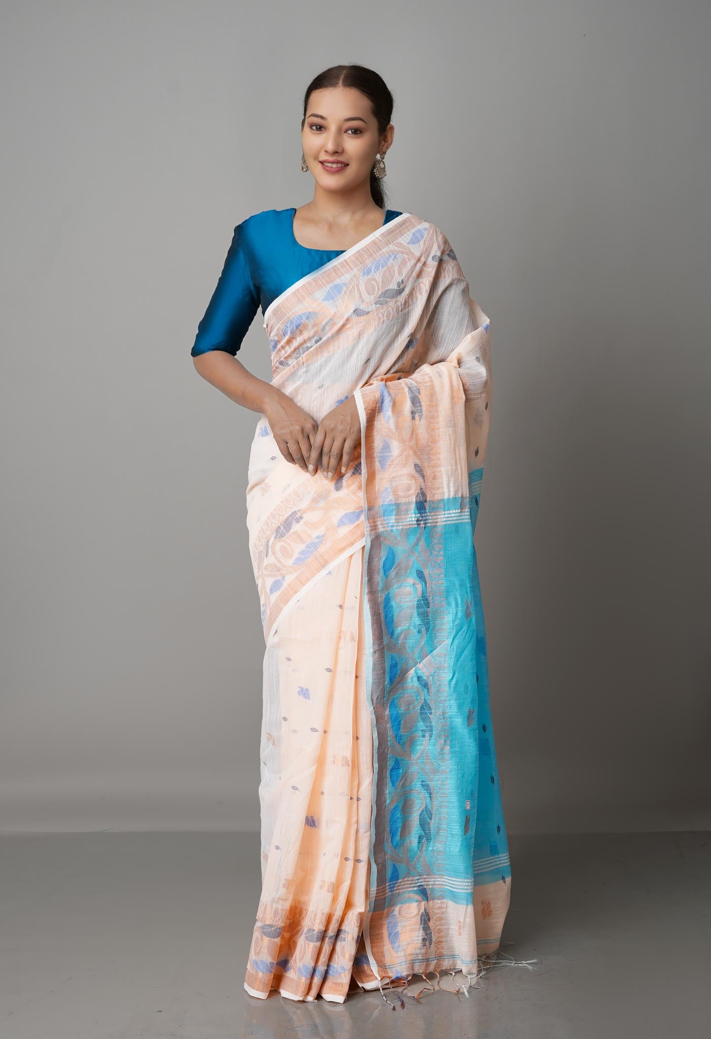 Pale Peach Orange-Light Blue Handloom Jamdhani Bengal Sico Saree-UNM68324