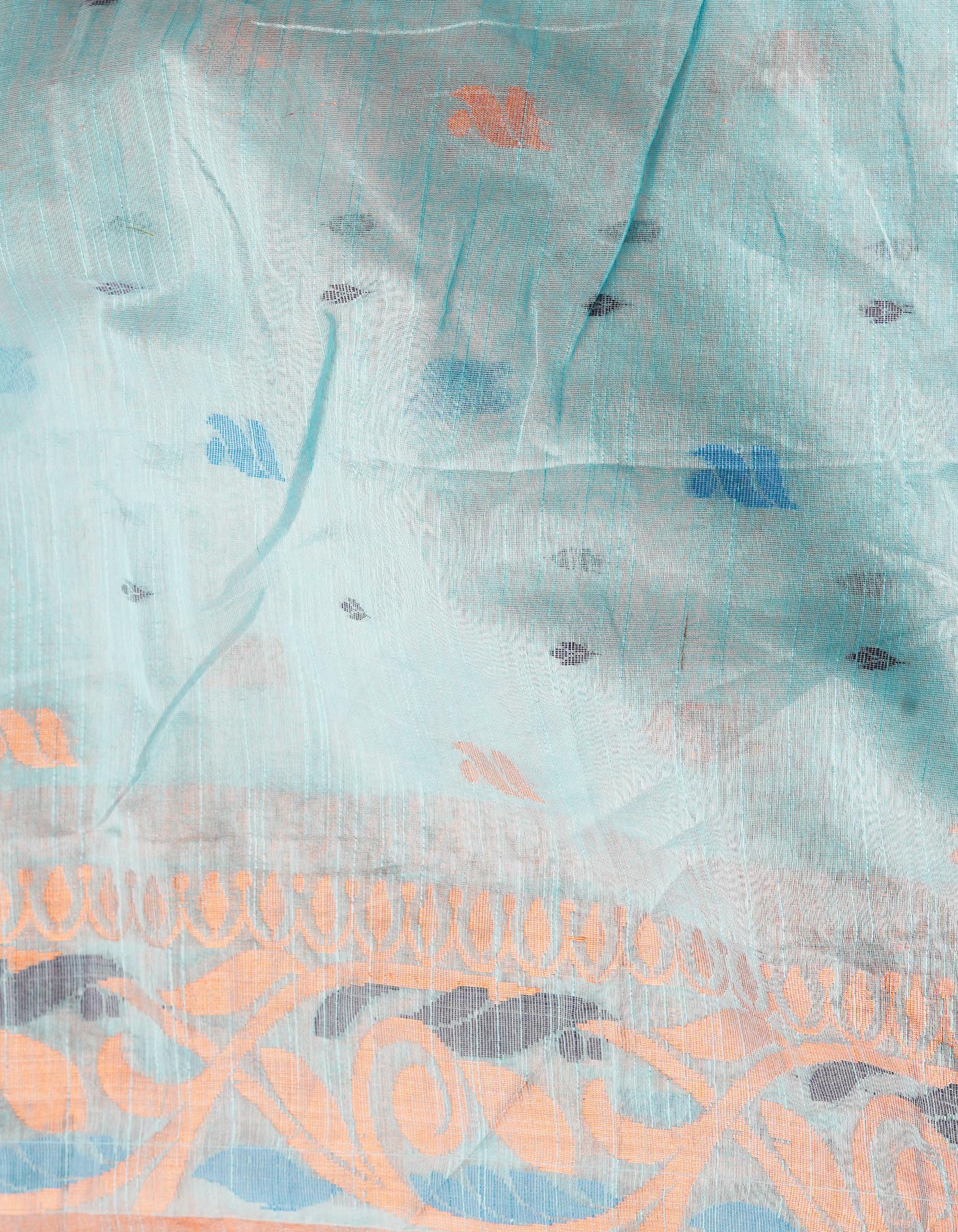 Pale Peach Orange-Light Blue Handloom Jamdhani Bengal Sico Saree-UNM68324