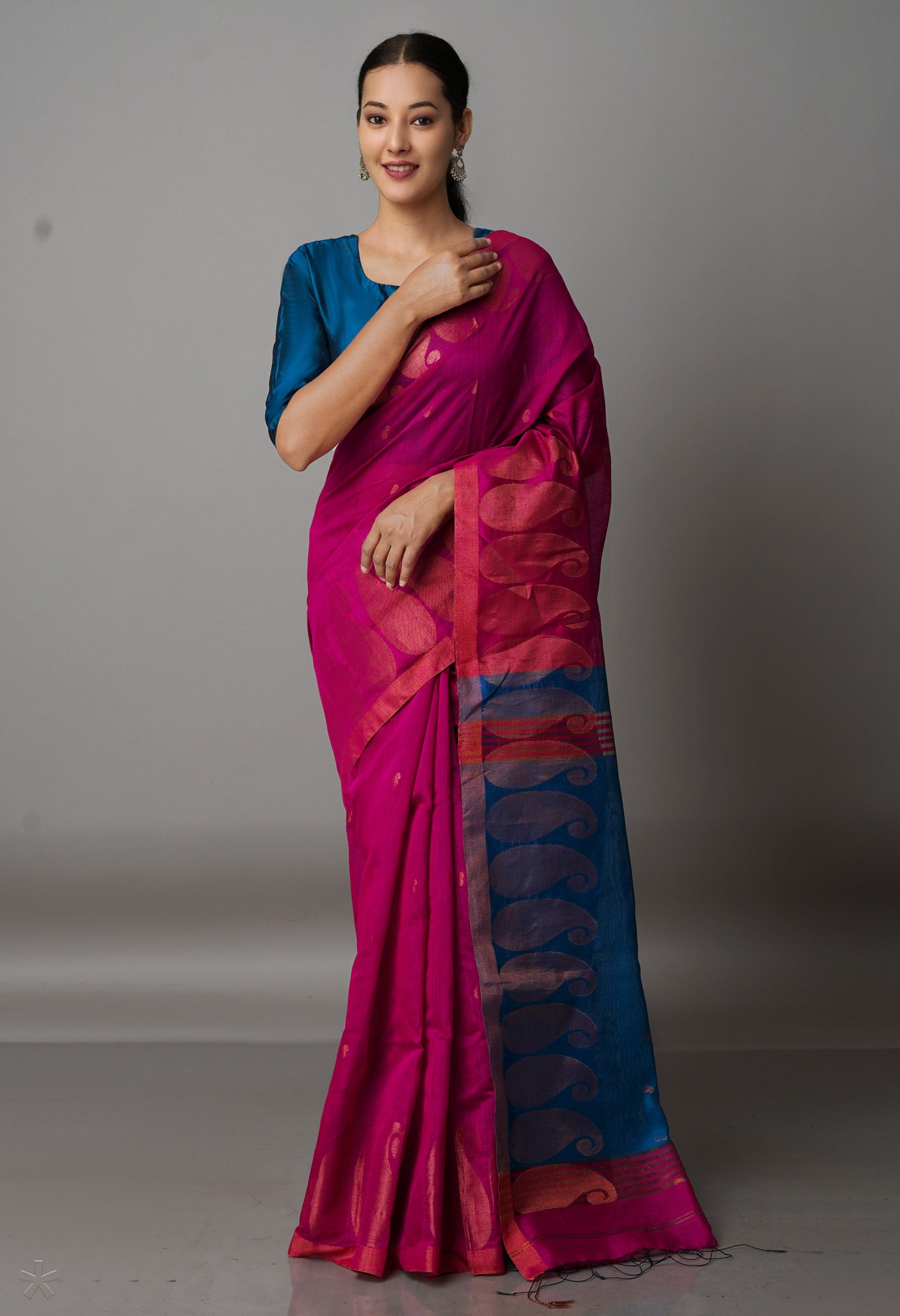 Fuchsia Red Pink Handloom Jamdhani Bengal Sico Saree-UNM68348