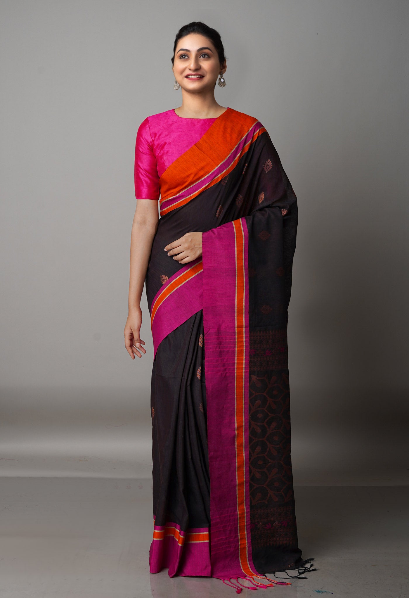 Umber Brown Handloom Jamdhani Bengal Sico Saree-UNM68361