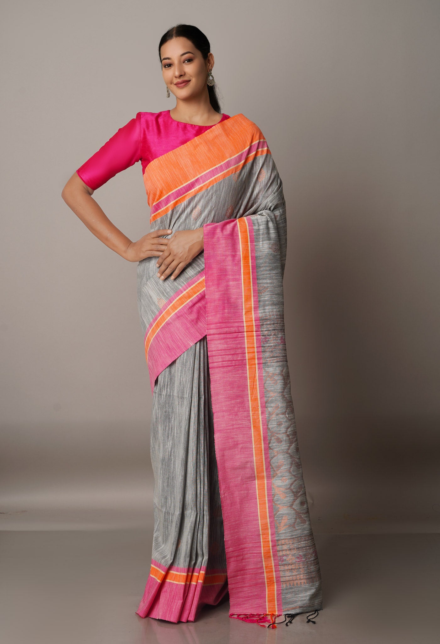 Light Grey Handloom Jamdhani Bengal Sico Saree-UNM68365