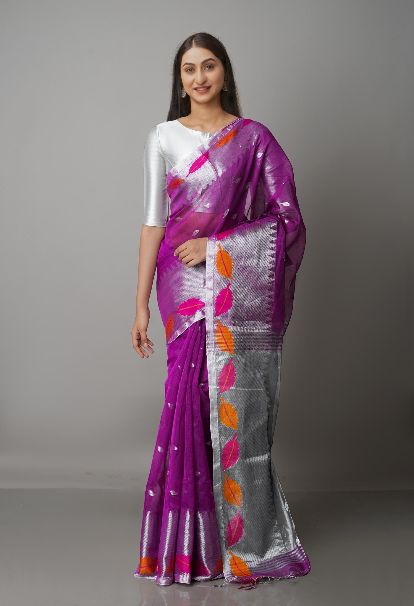 Purple Handloom Jamdhani Bengal Sico Saree-UNM68380