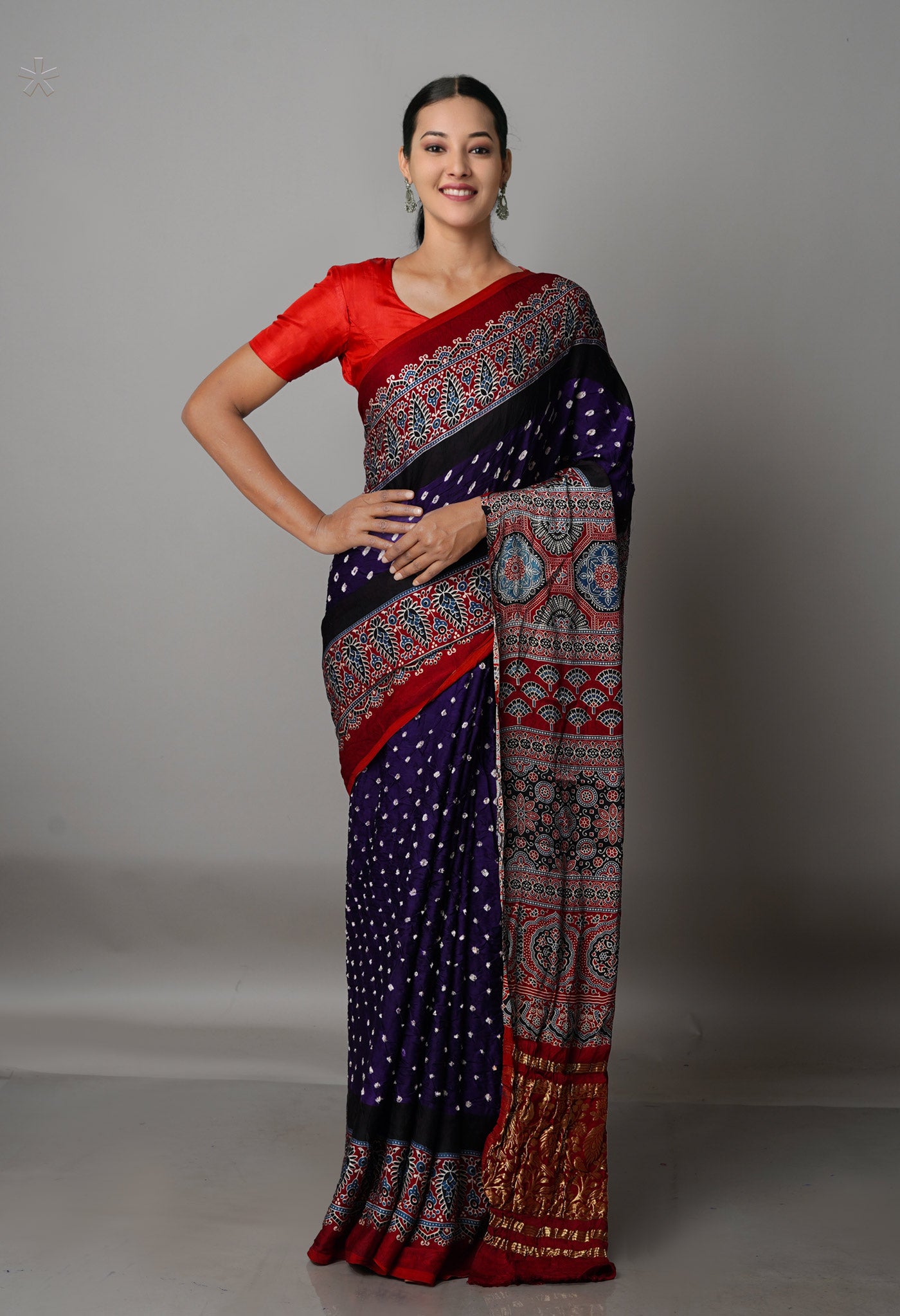 Violet  Bandhani with Ajrakh Printed Border  Silk Saree-UNM68400