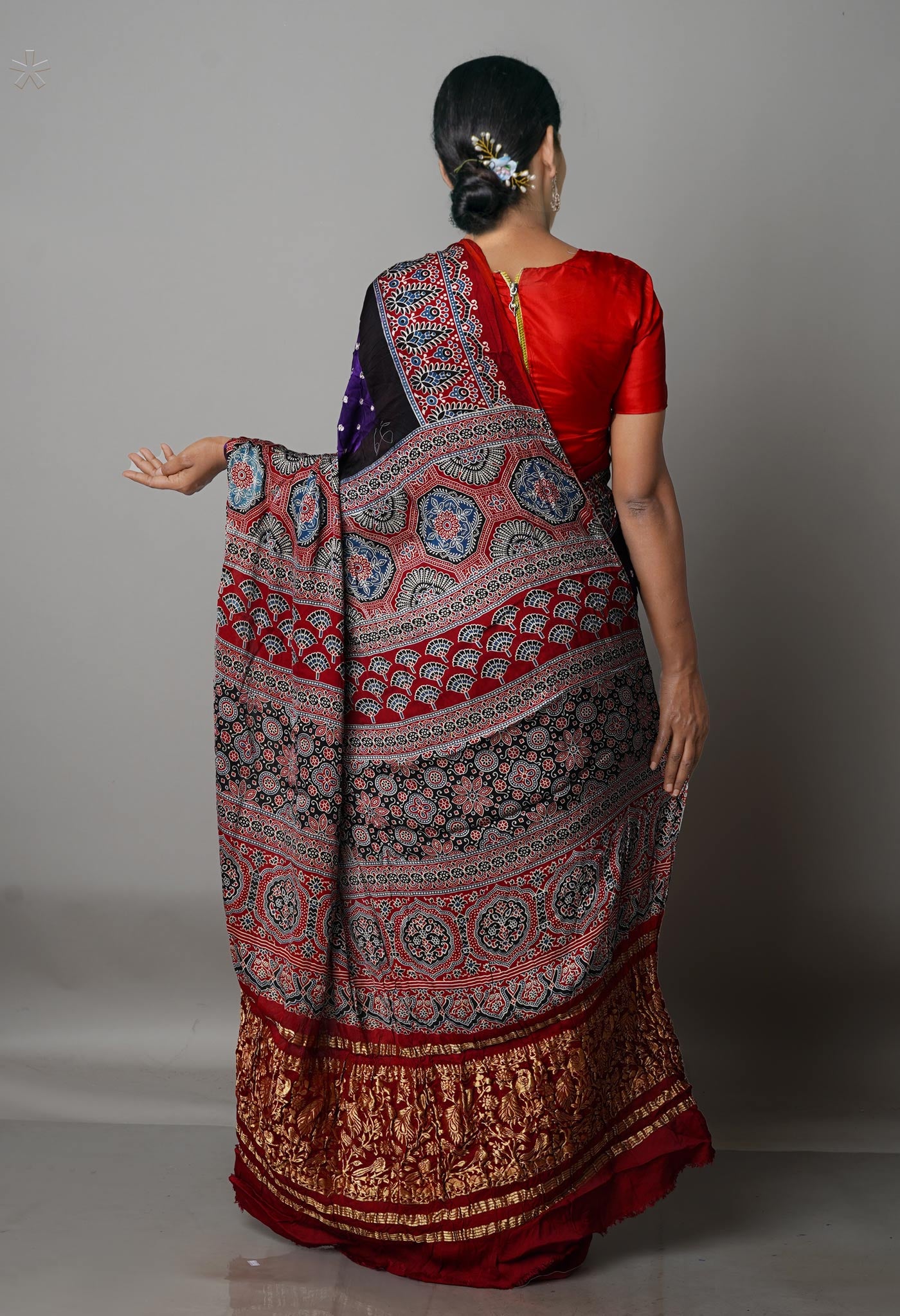 Violet  Bandhani with Ajrakh Printed Border  Silk Saree-UNM68400