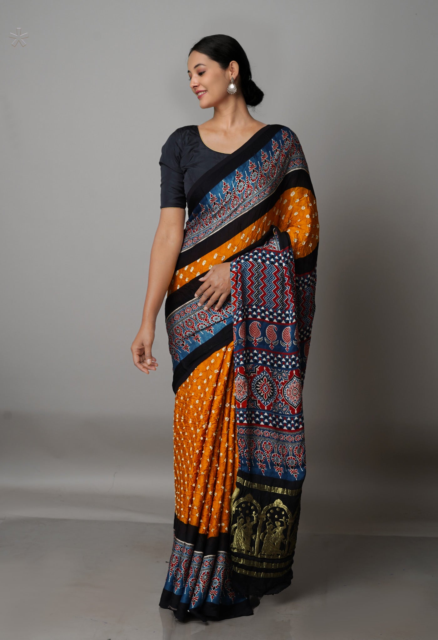 Mustard Yellow  Bandhani with Ajrakh Printed Border  Silk Saree-UNM68402