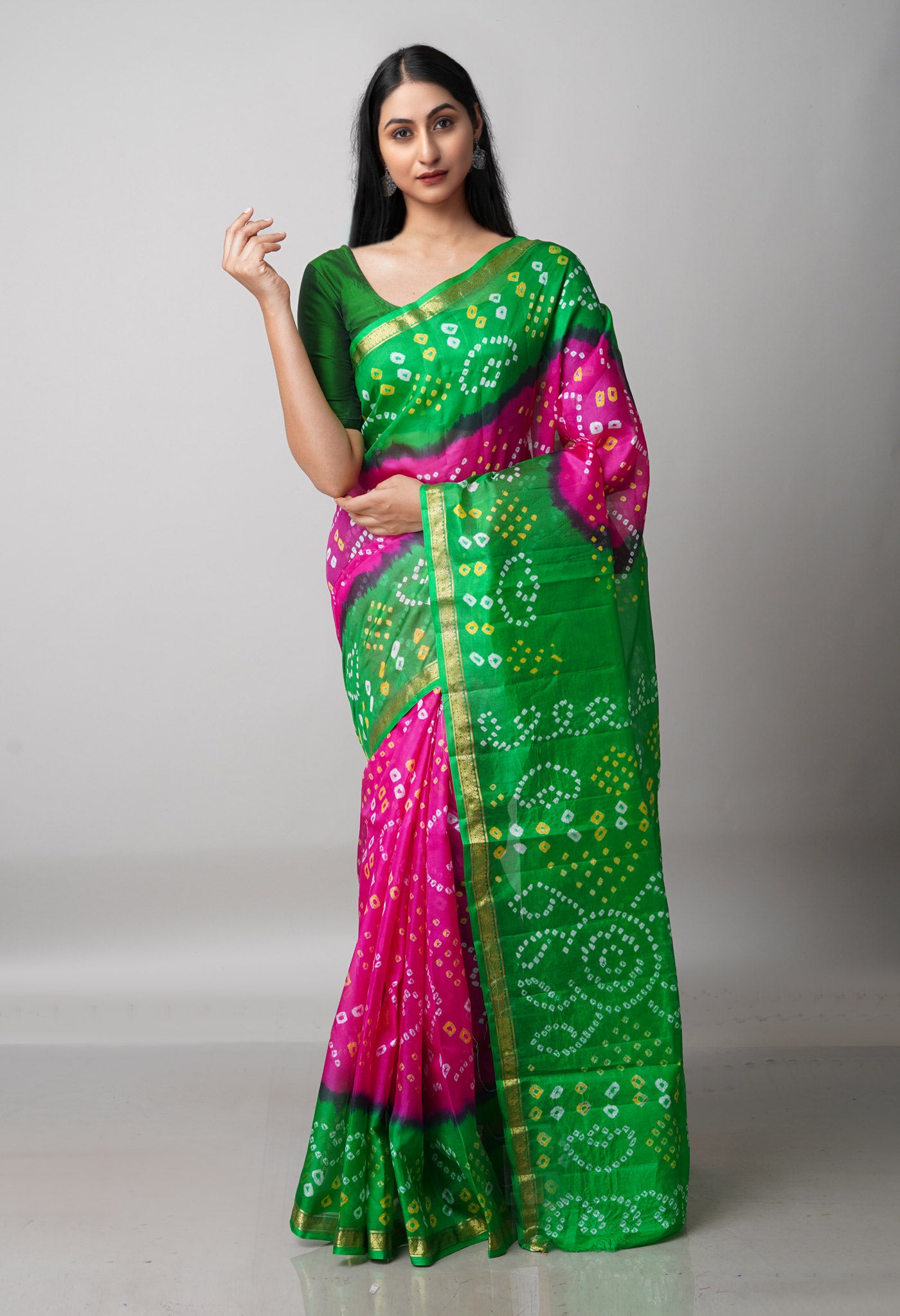 Pink-Parrot Green Pure  Bandhani Silk Saree-UNM68473