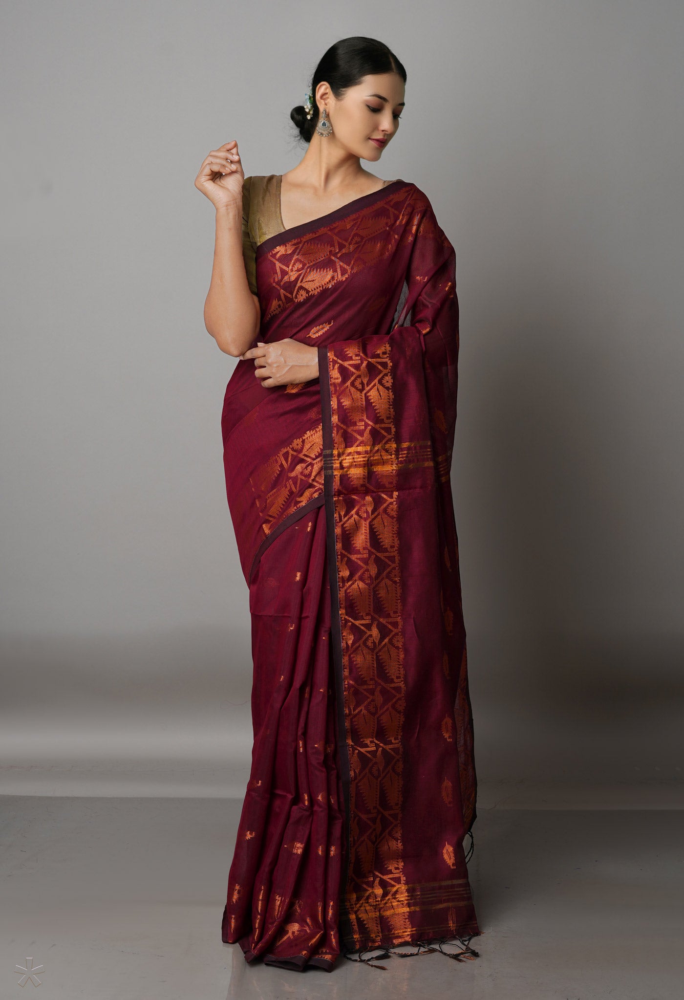 Maroon Handloom Jamdhani Bengal Sico Saree-UNM68513