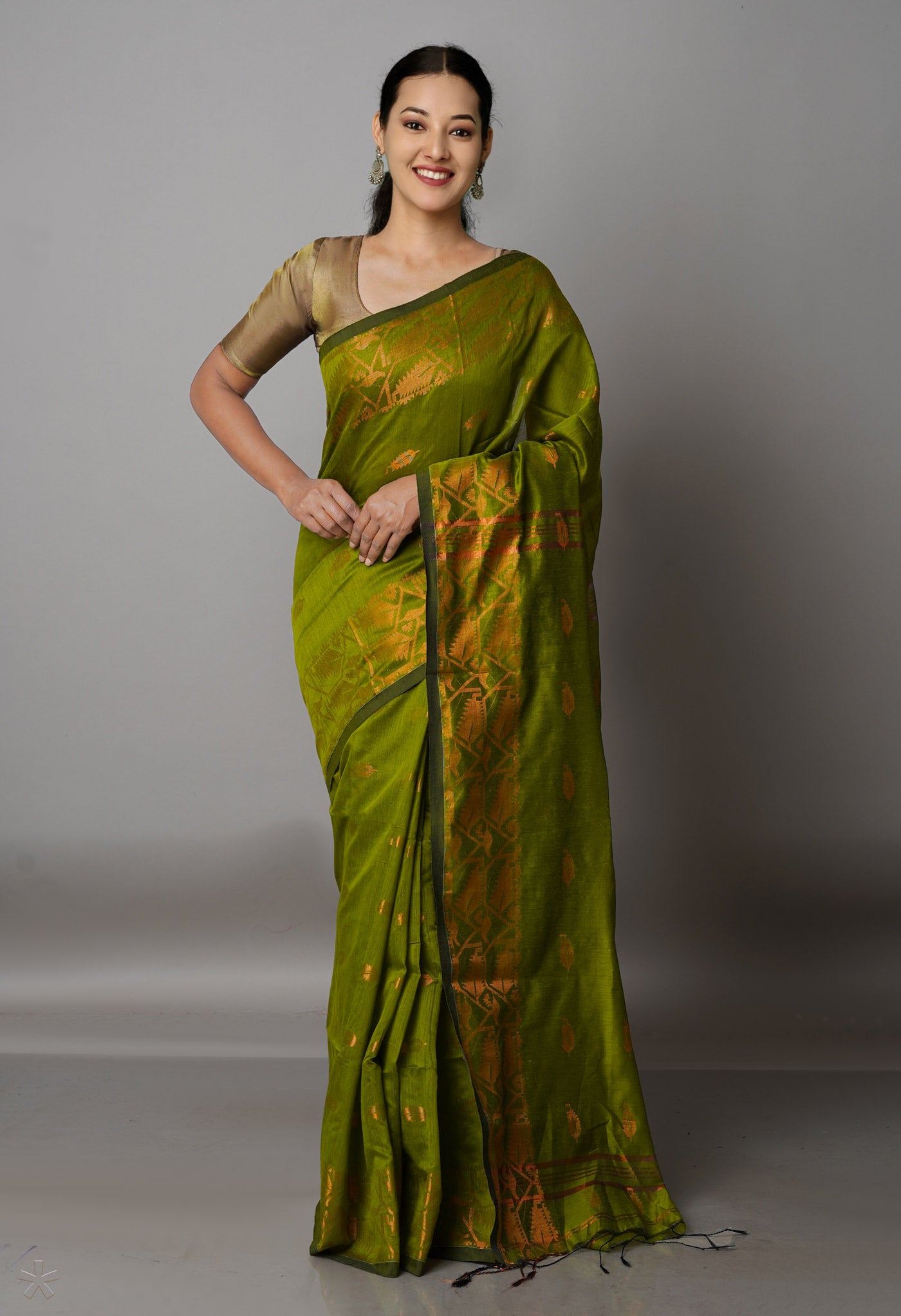 Mehndi Green Handloom Jamdhani Bengal Sico Saree-UNM68517