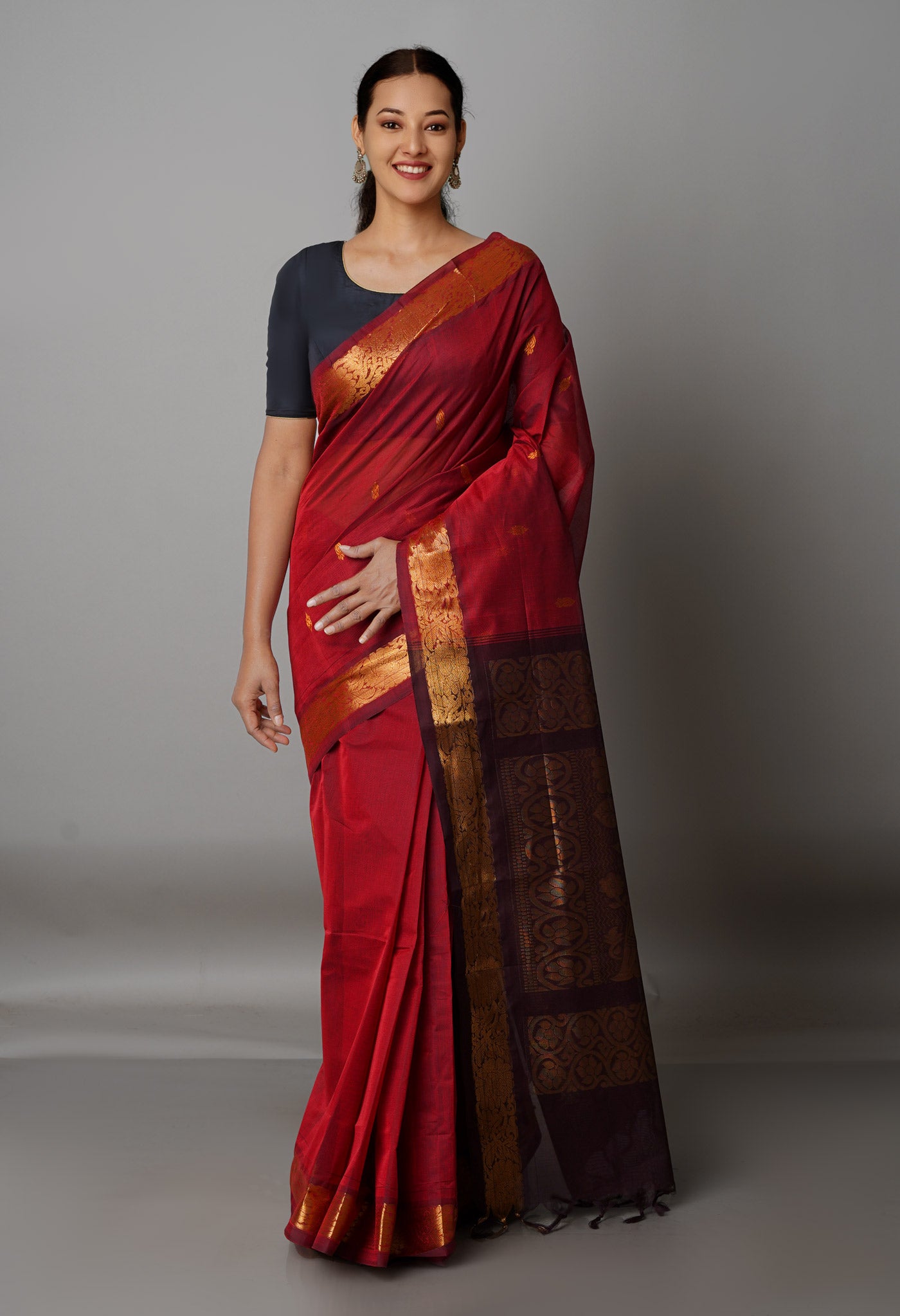 Fire Brick Red-Dark Brown Pure Handloom Gadwal Mercerized Cotton Saree-UNM68529