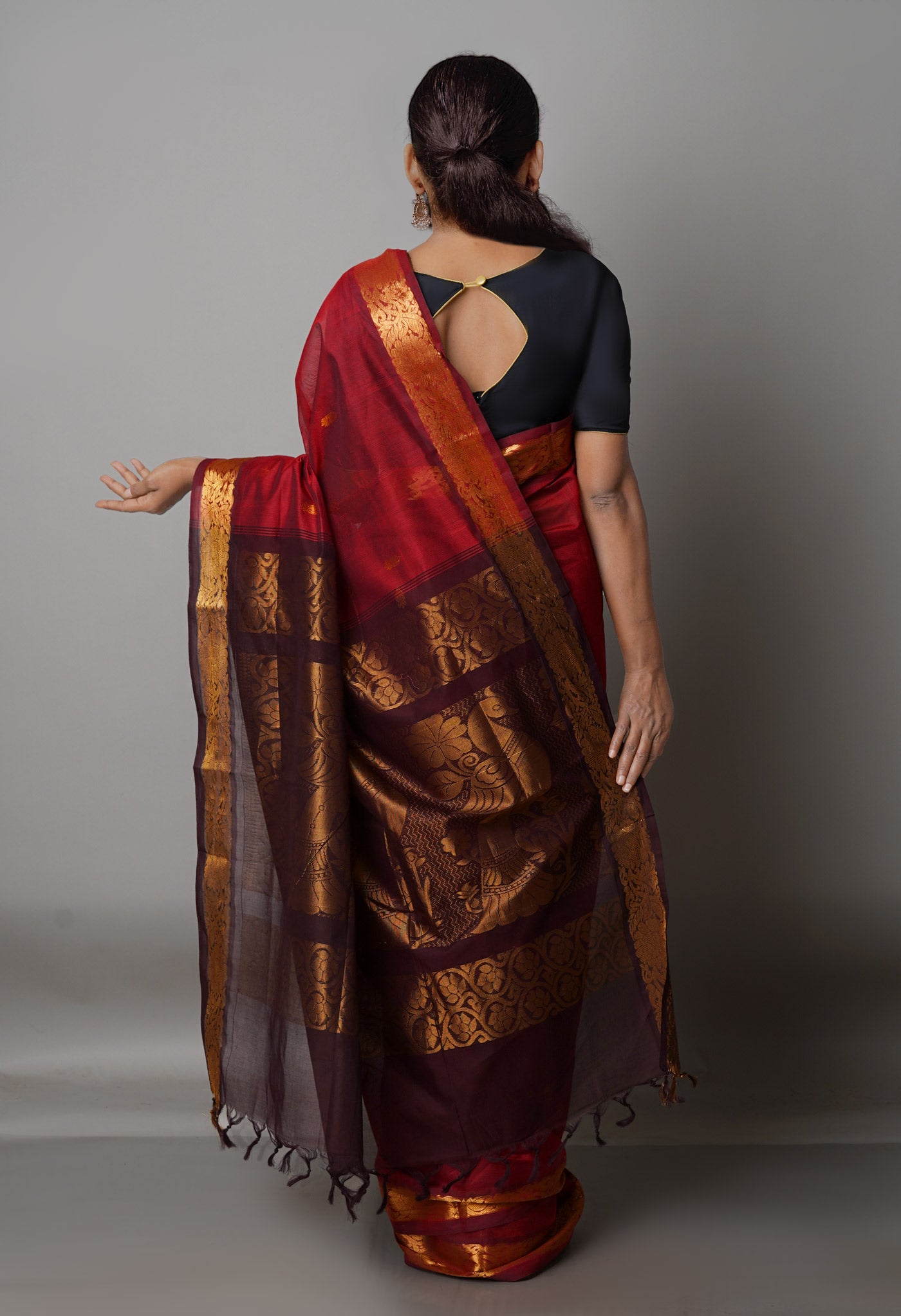 Fire Brick Red-Dark Brown Pure Handloom Gadwal Mercerized Cotton Saree-UNM68529