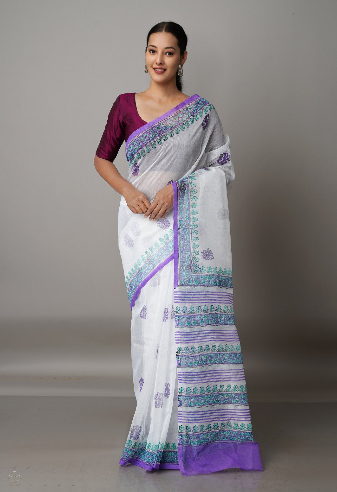 White Block Printed Meghalaya Checks Cotton Silk Saree With Pochampally Blouse Piece-UNM68710