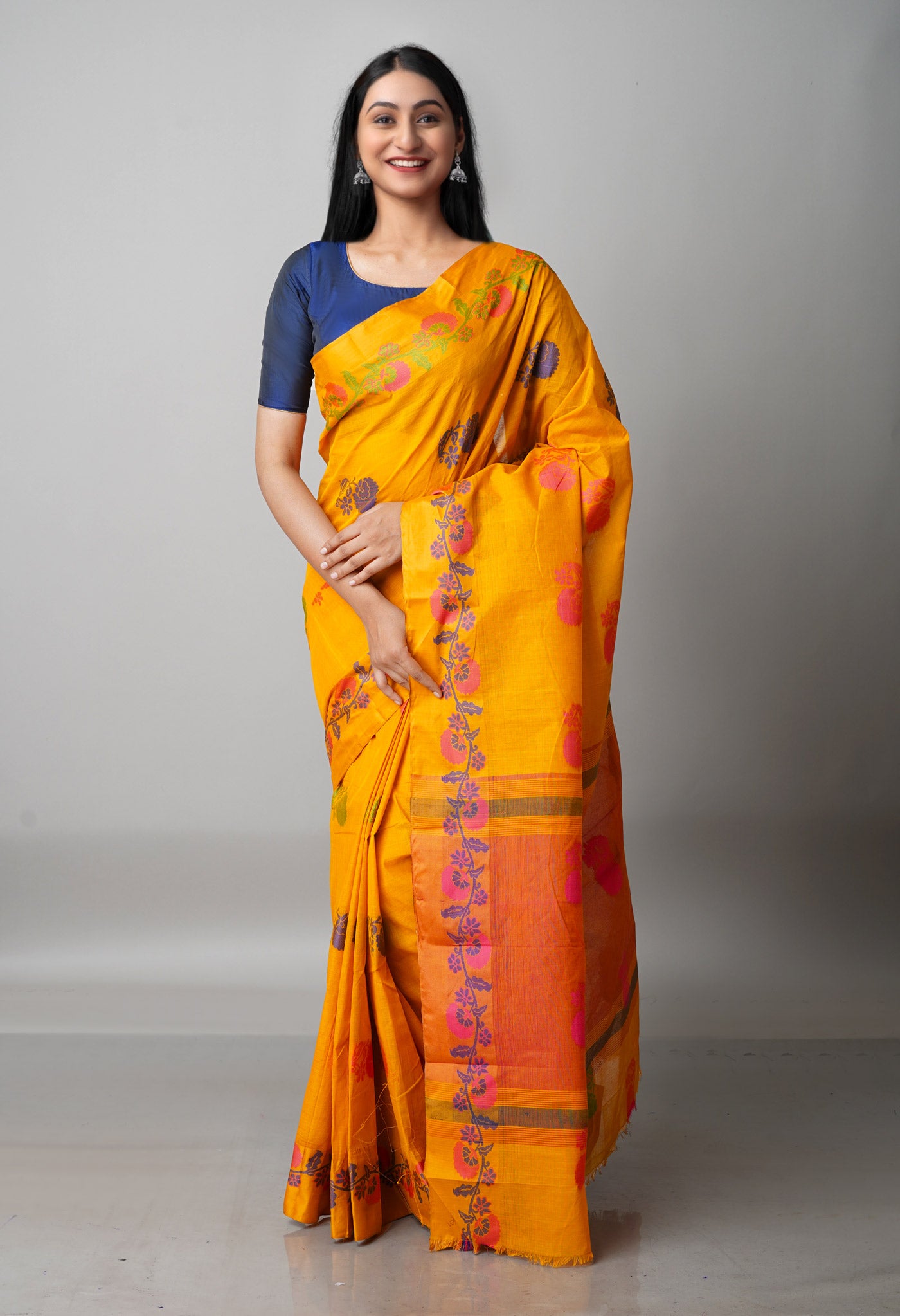 Orange Pure Handloom Dhaka Jamdhani Bengal Cotton Saree-UNM68741