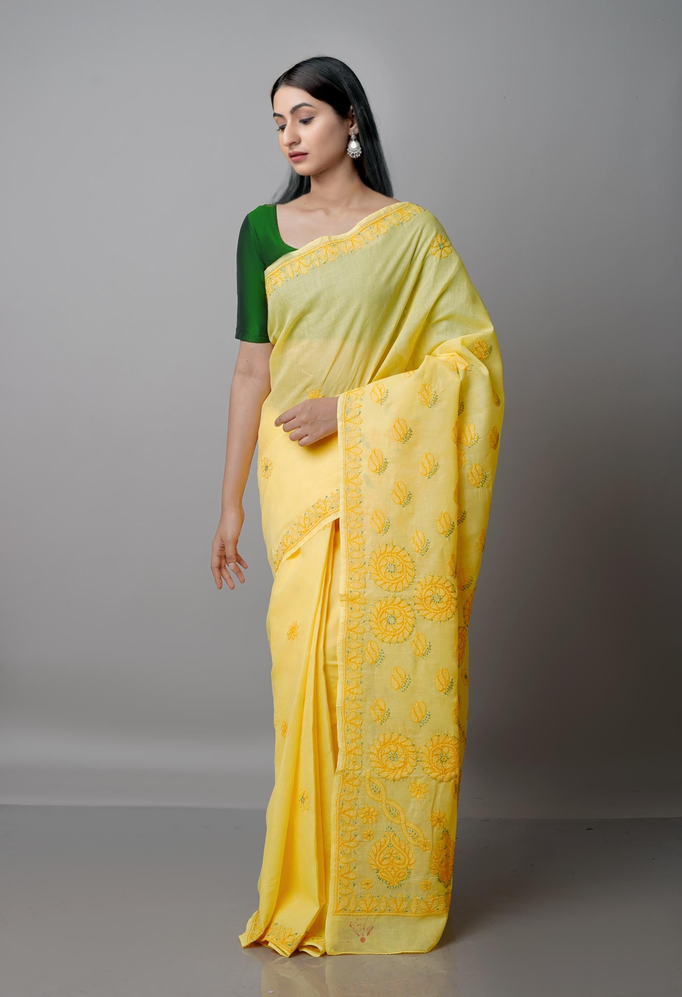 Yellow  Lucknow Chikankari Work Cotton Saree-UNM68753