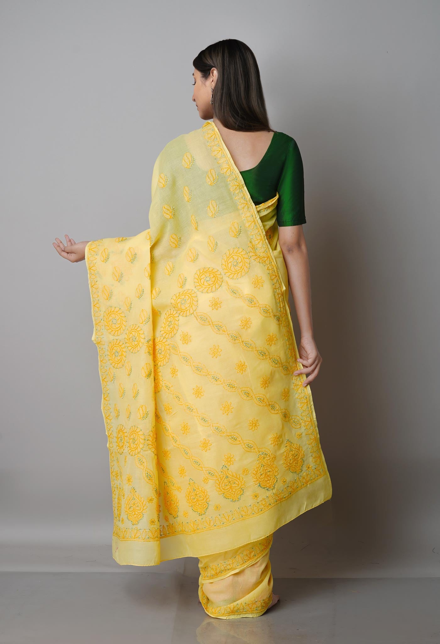 Yellow  Lucknow Chikankari Work Cotton Saree-UNM68753