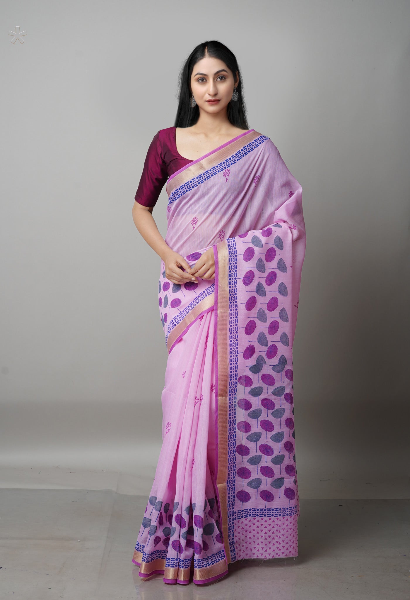 Pink  Block Printed Mangalgiri  Cotton Saree-UNM68844