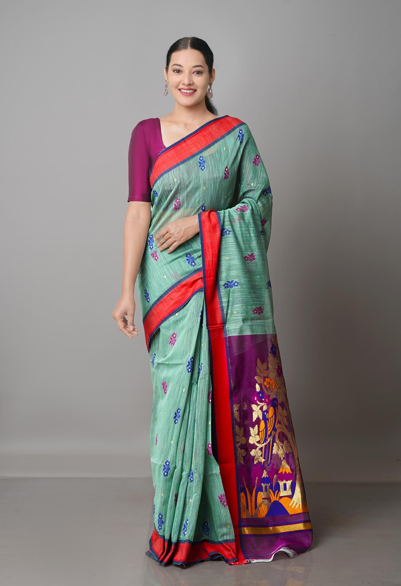 Seafoam Green Pure Handloom Jamdhani Bengal Cotton Silk Saree-UNM68942