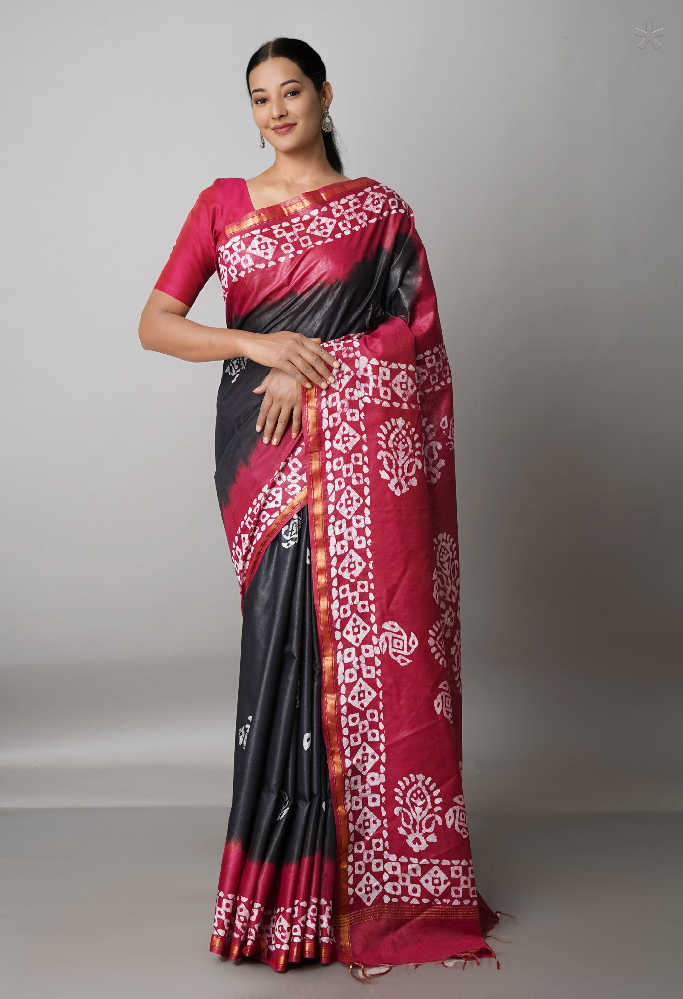 Black-Maroon Pure  Batik Chanderi Silk Saree-UNM69089