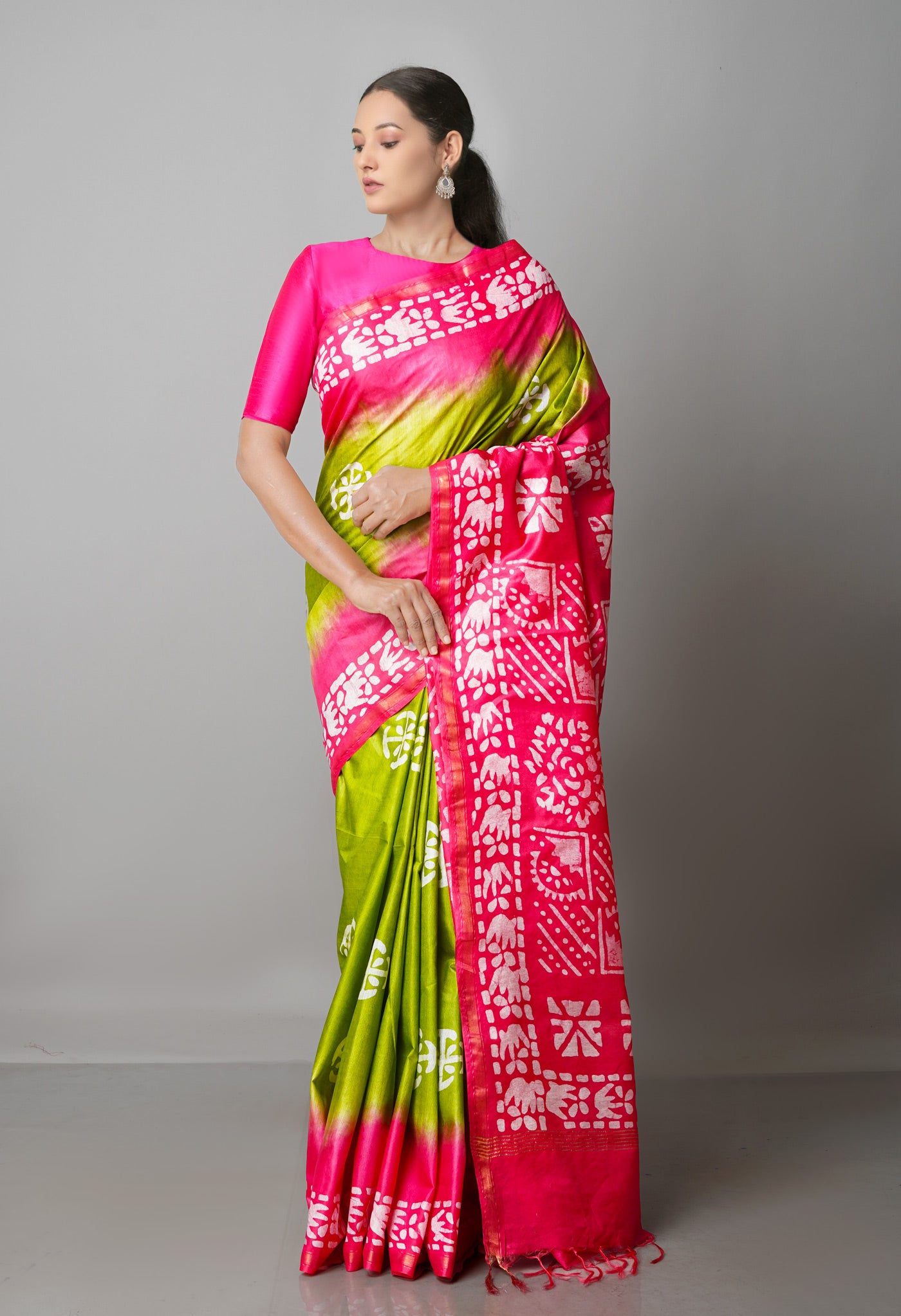 Green-Pink Pure  Batik Chanderi Silk Saree-UNM69116