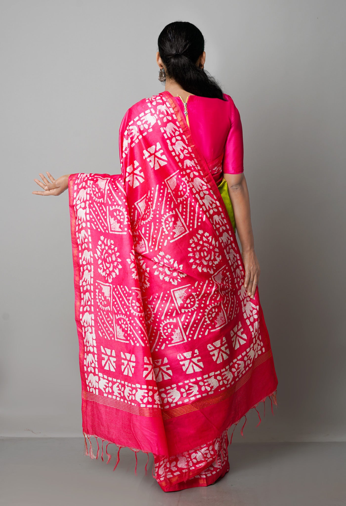 Green-Pink Pure  Batik Chanderi Silk Saree-UNM69116