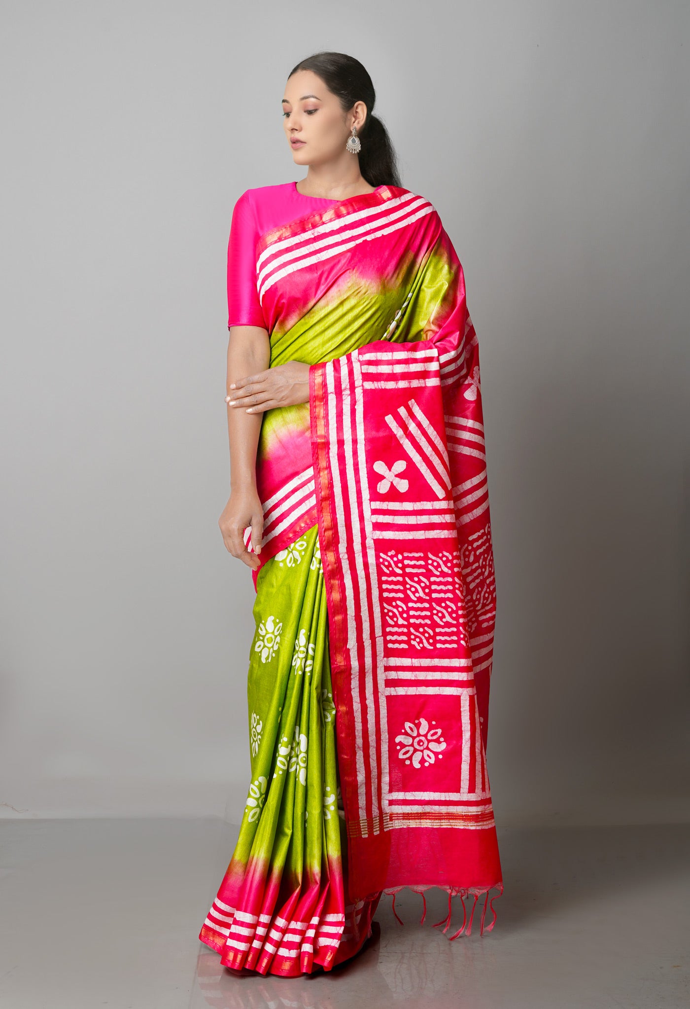 Green-Pink Pure  Batik Chanderi Silk Saree-UNM69130