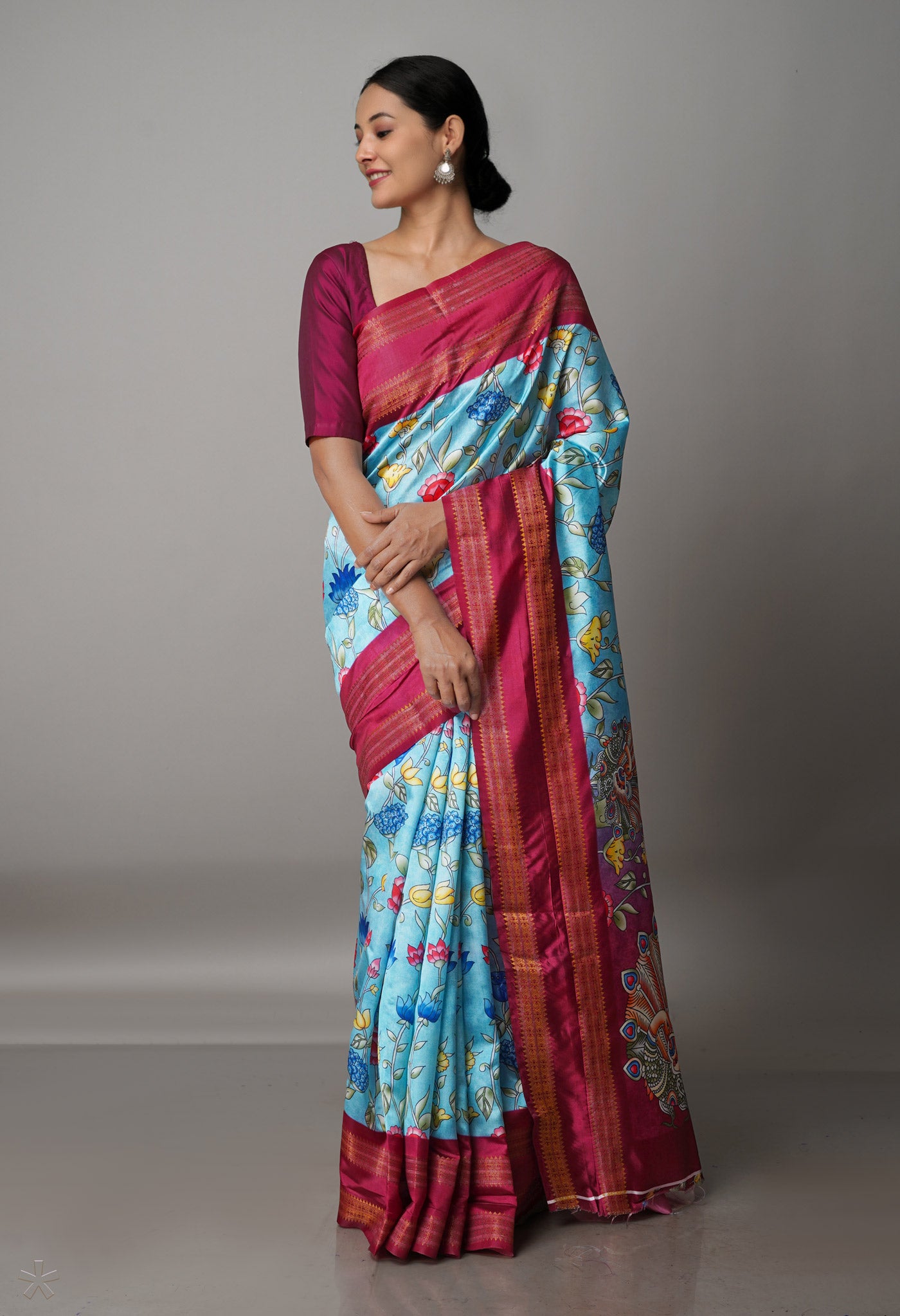 Sky Blue  Kalamkari Soft Silk Saree-UNM69156