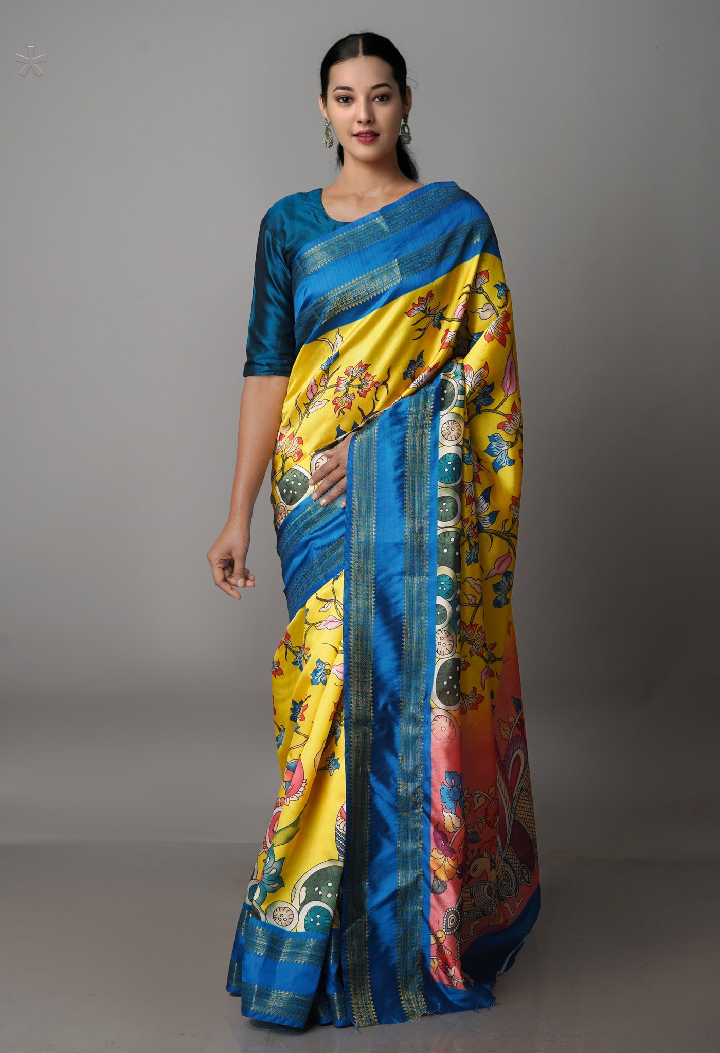 Yellow  Kalamkari Soft Silk Saree-UNM69158