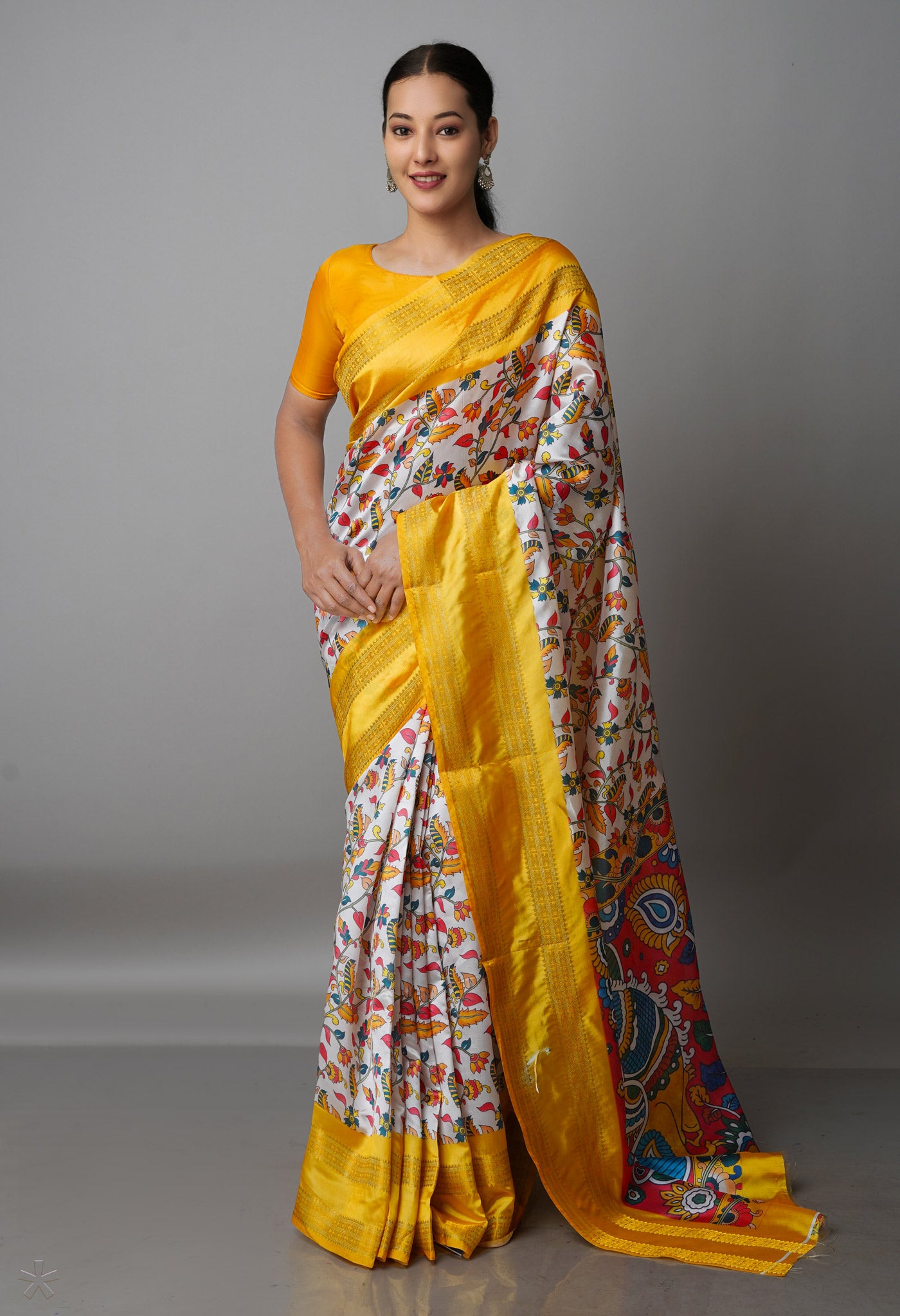 White  Kalamkari Soft Silk Saree-UNM69170