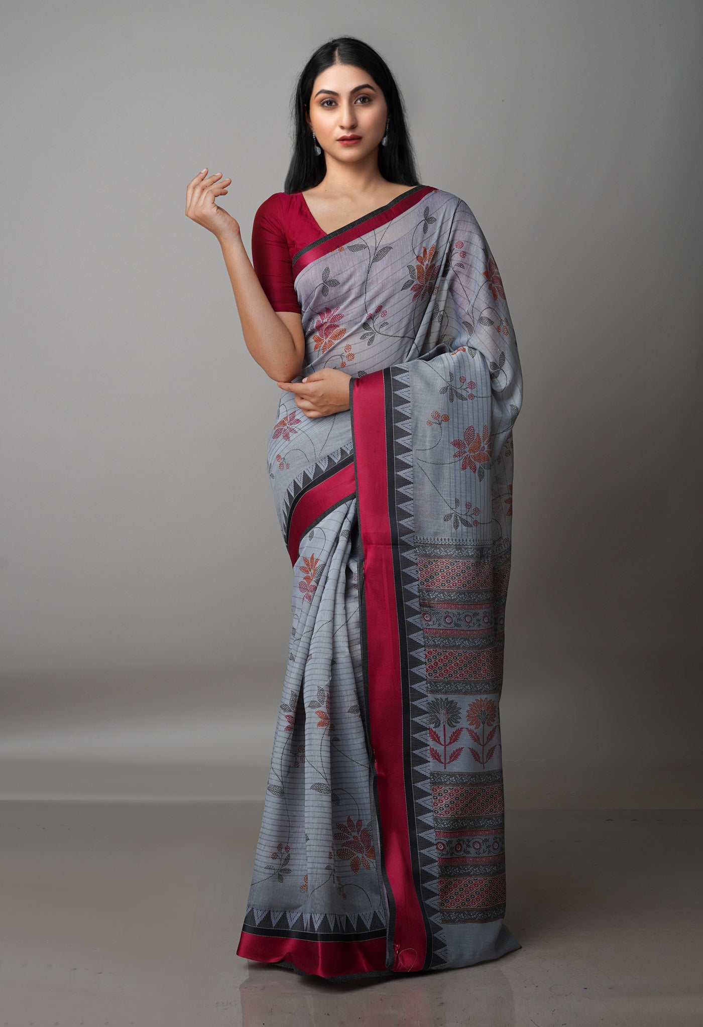 Grey  Block Printed Chanderi Sico Saree-UNM69233