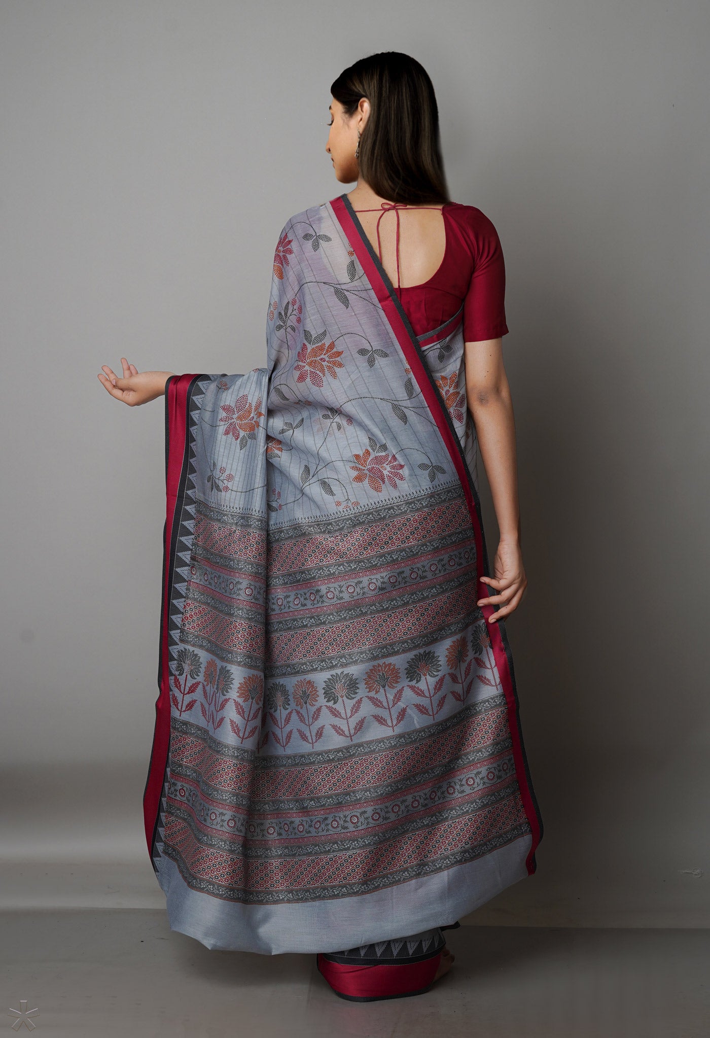 Grey  Block Printed Chanderi Sico Saree-UNM69233