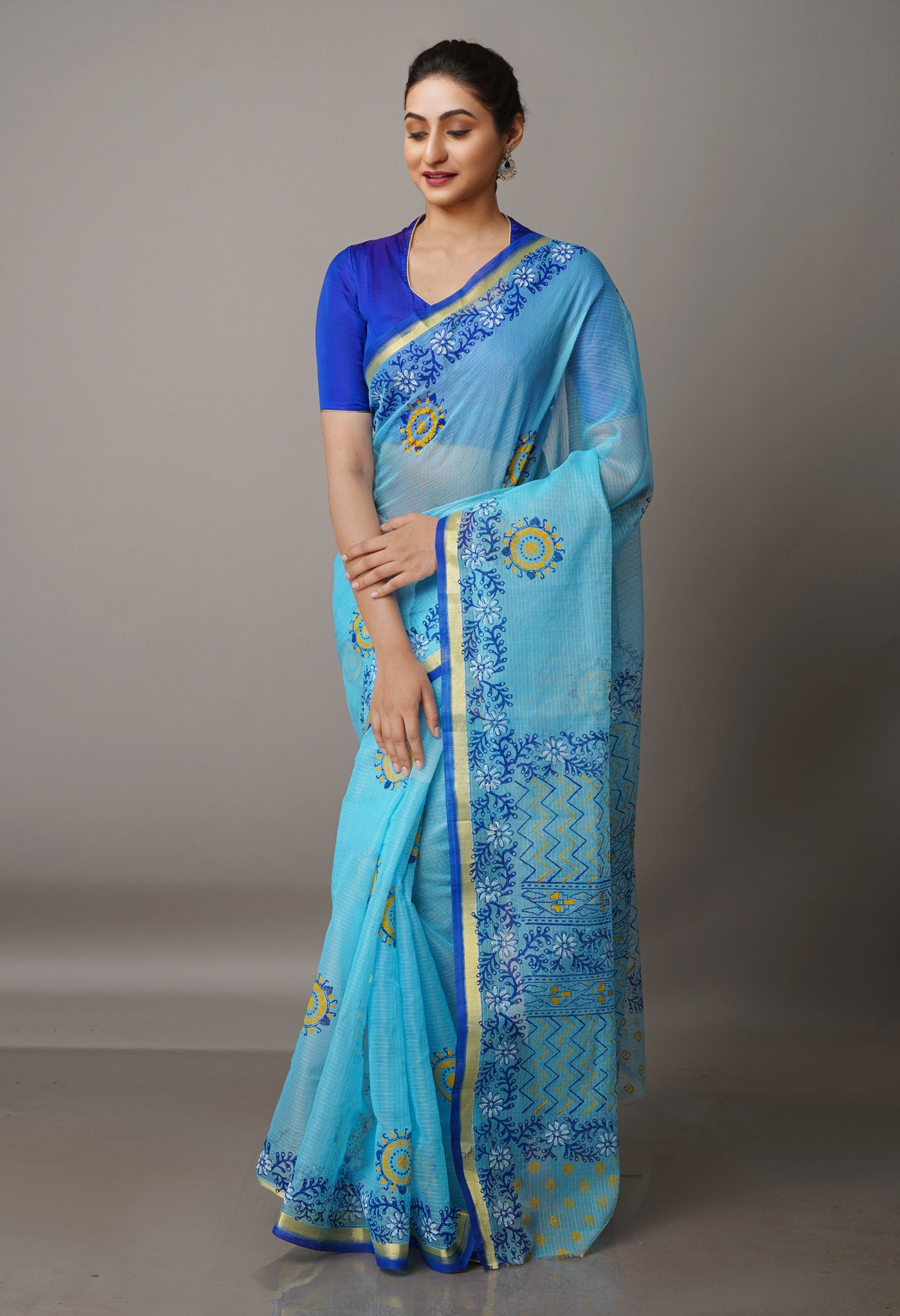 Sky Blue Pure  Block Printed Kota Cotton Saree-UNM69311