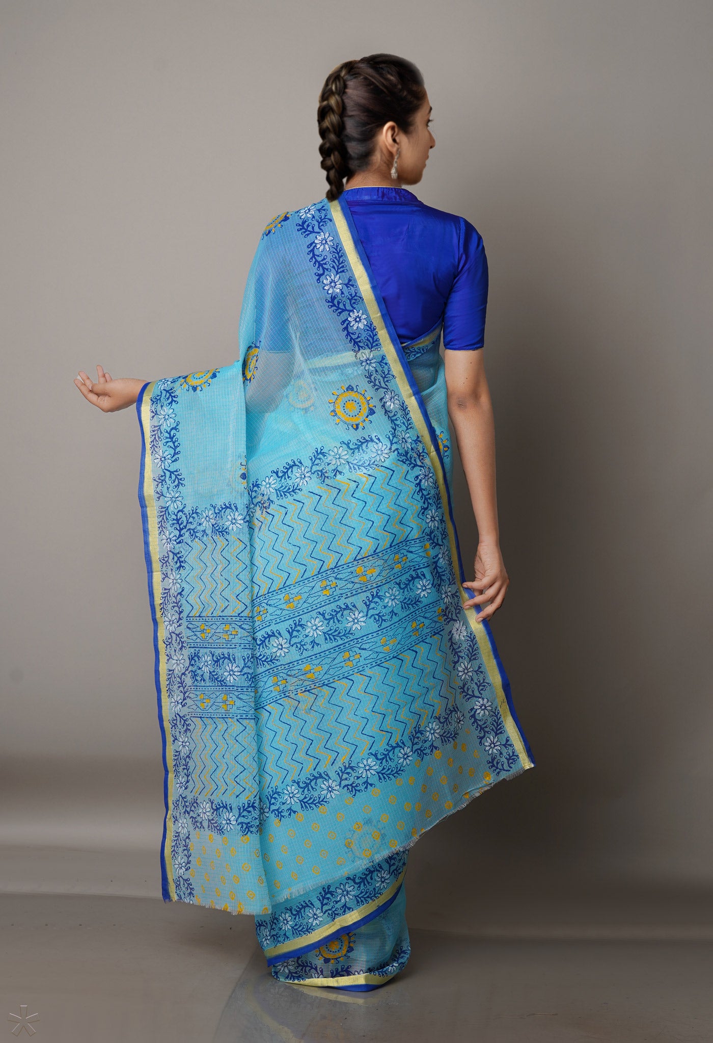 Sky Blue Pure  Block Printed Kota Cotton Saree-UNM69311