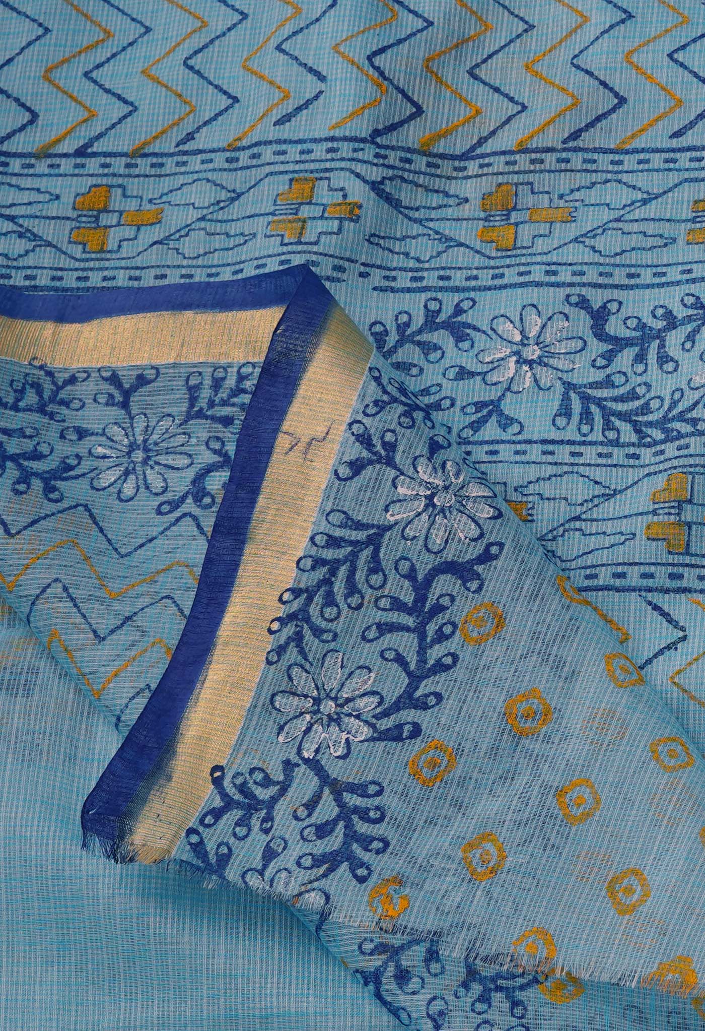 Sky Blue Pure  Block Printed Kota Cotton Saree-UNM69311