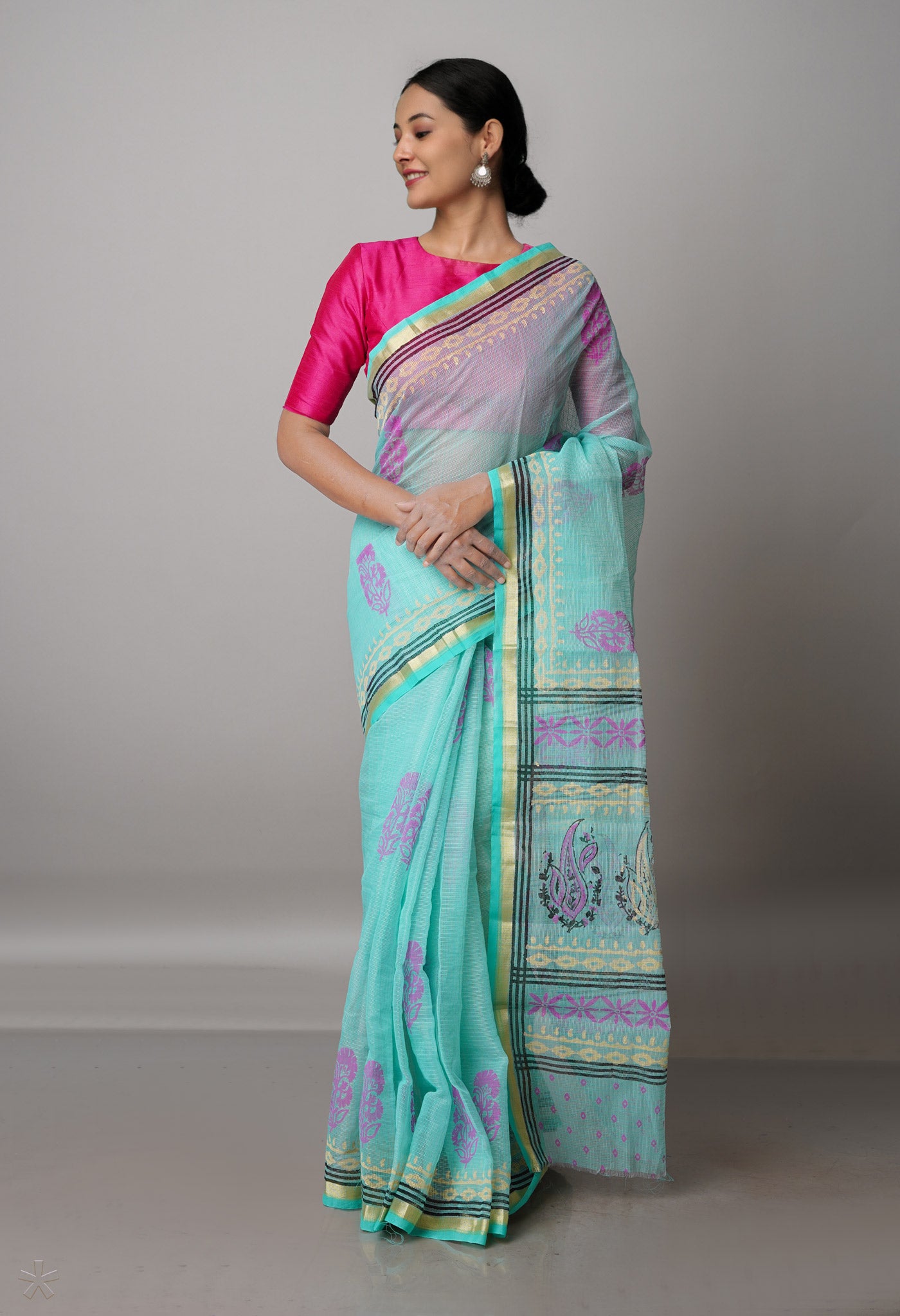 Turquoise Blue Pure  Block Printed Kota Cotton Saree-UNM69317