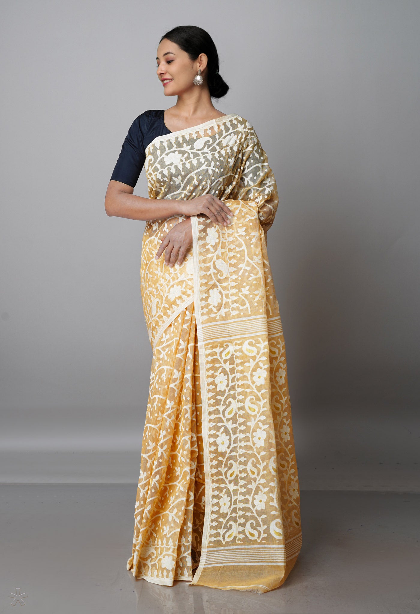 Light Brown Pure Handloom Jamdhani Bengal Mercerized Cotton Saree-UNM69400