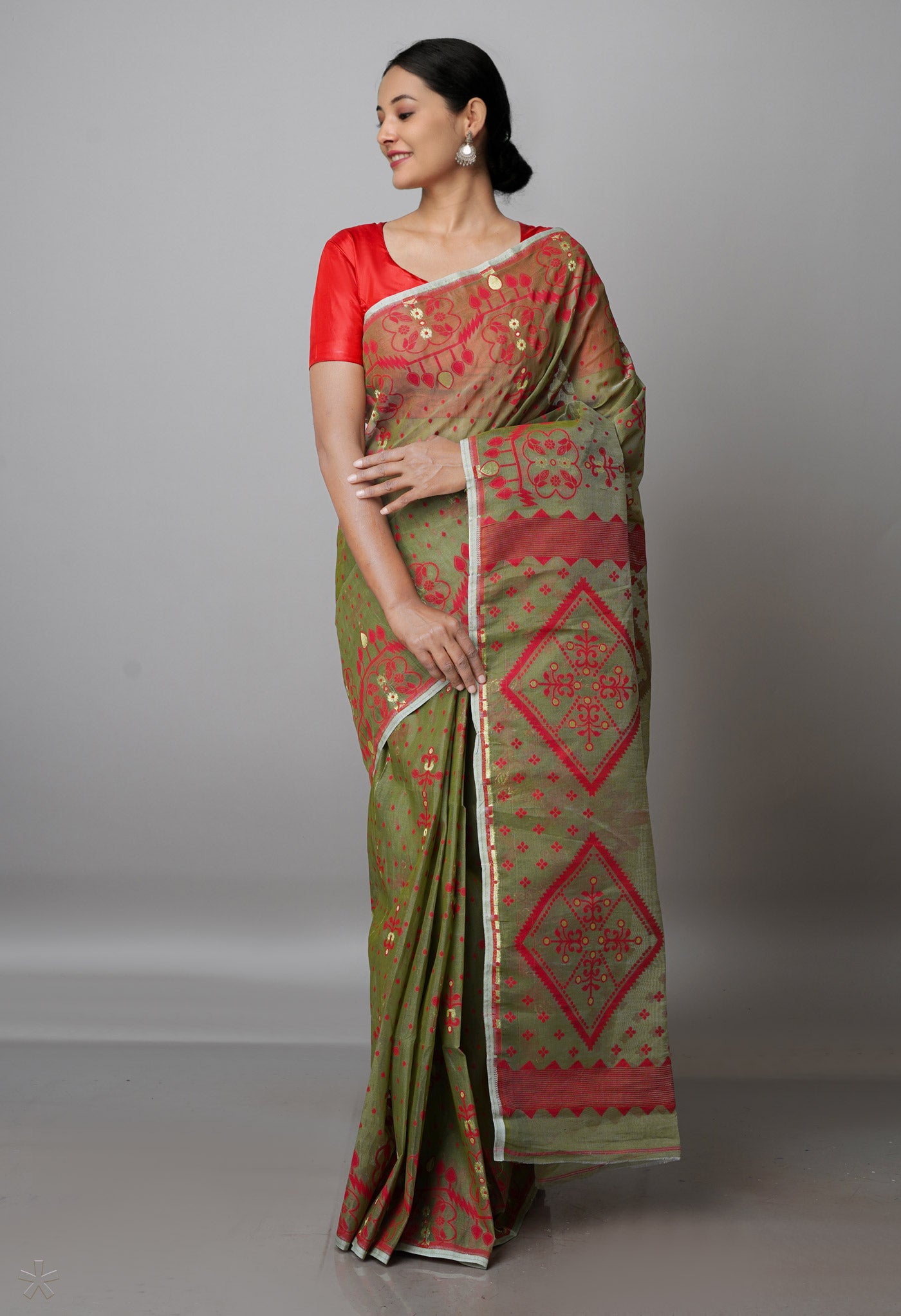 Olive Green Pure Handloom Jamdhani Bengal Mercerized Cotton Saree-UNM69402