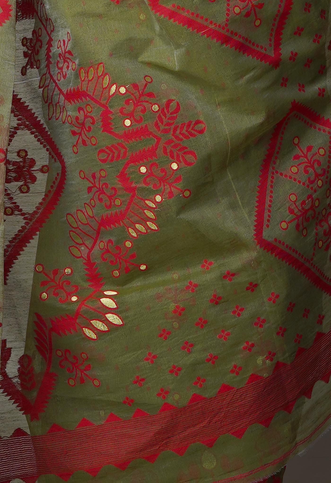 Olive Green Pure Handloom Jamdhani Bengal Mercerized Cotton Saree-UNM69402